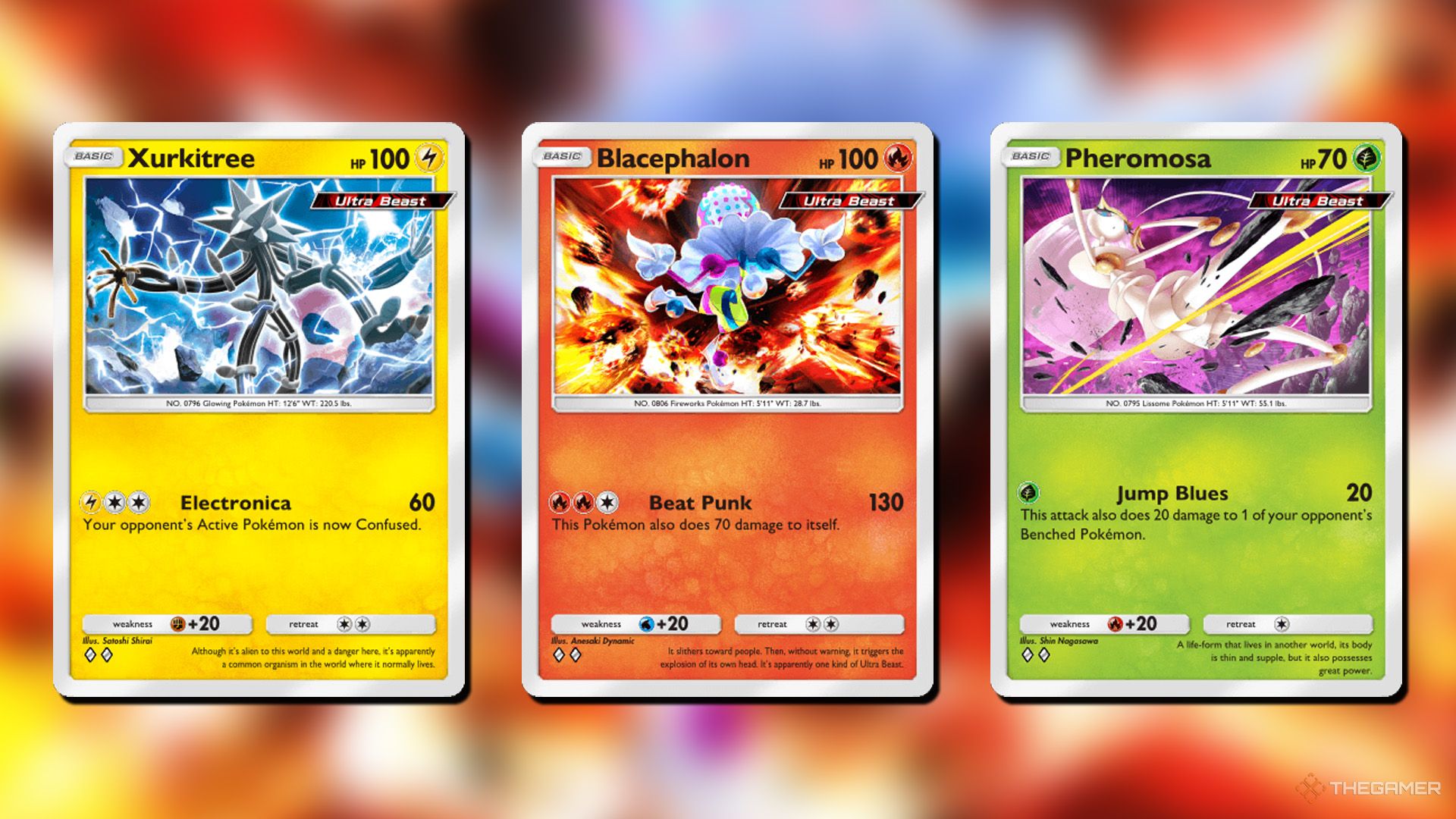 Xurkitree, Blacephalon and Pheromosa from Extradimensional Crisis in Pokemon TCG Pocket.