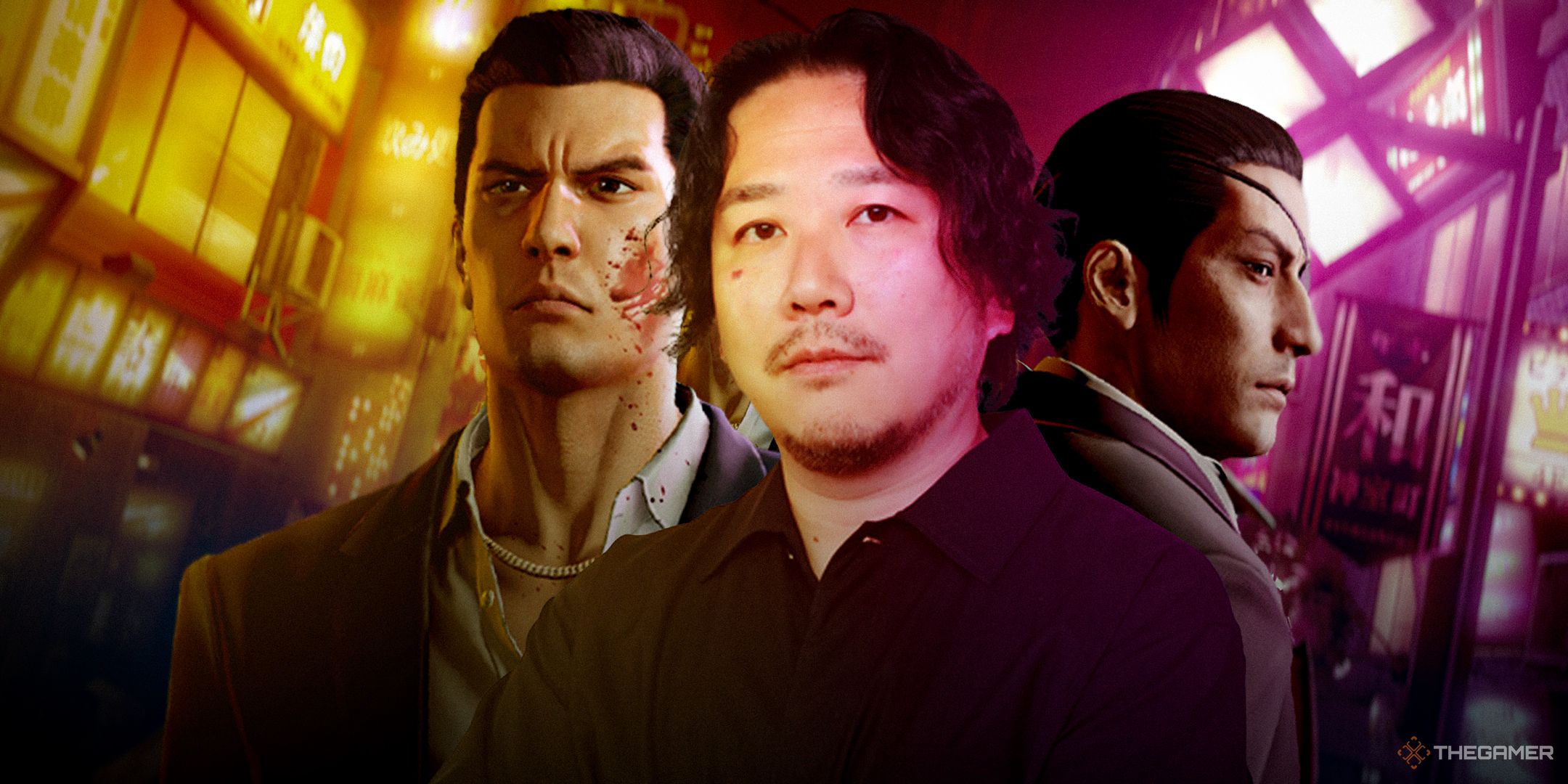 Yakuza 0 interviewHiroyuki Sakamoto against a Yakuza 0 backdrop showing Kiryu and Majima.