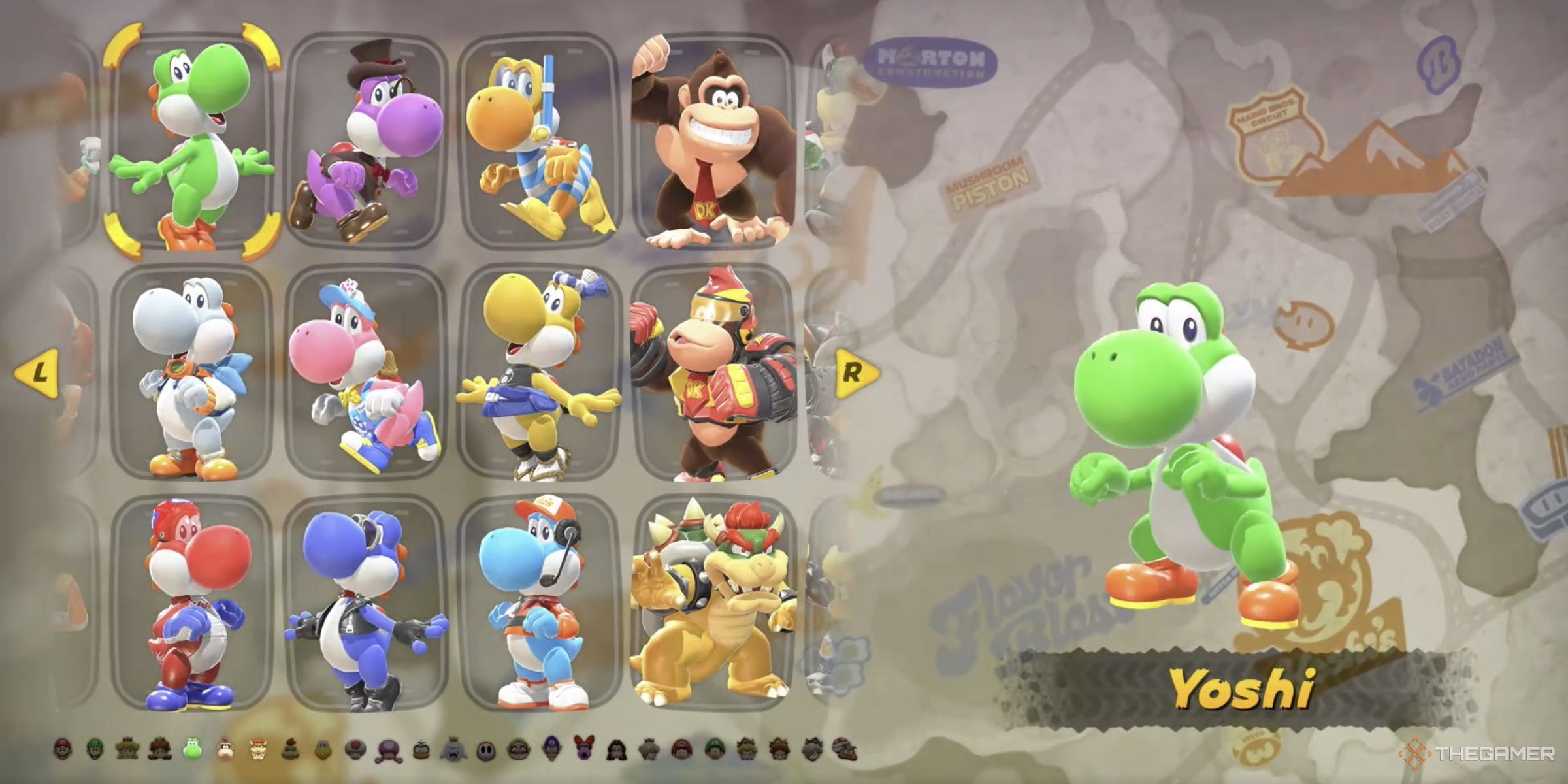 Yoshi on the character selection screen humming Totaka's Song in Mario Kart World.