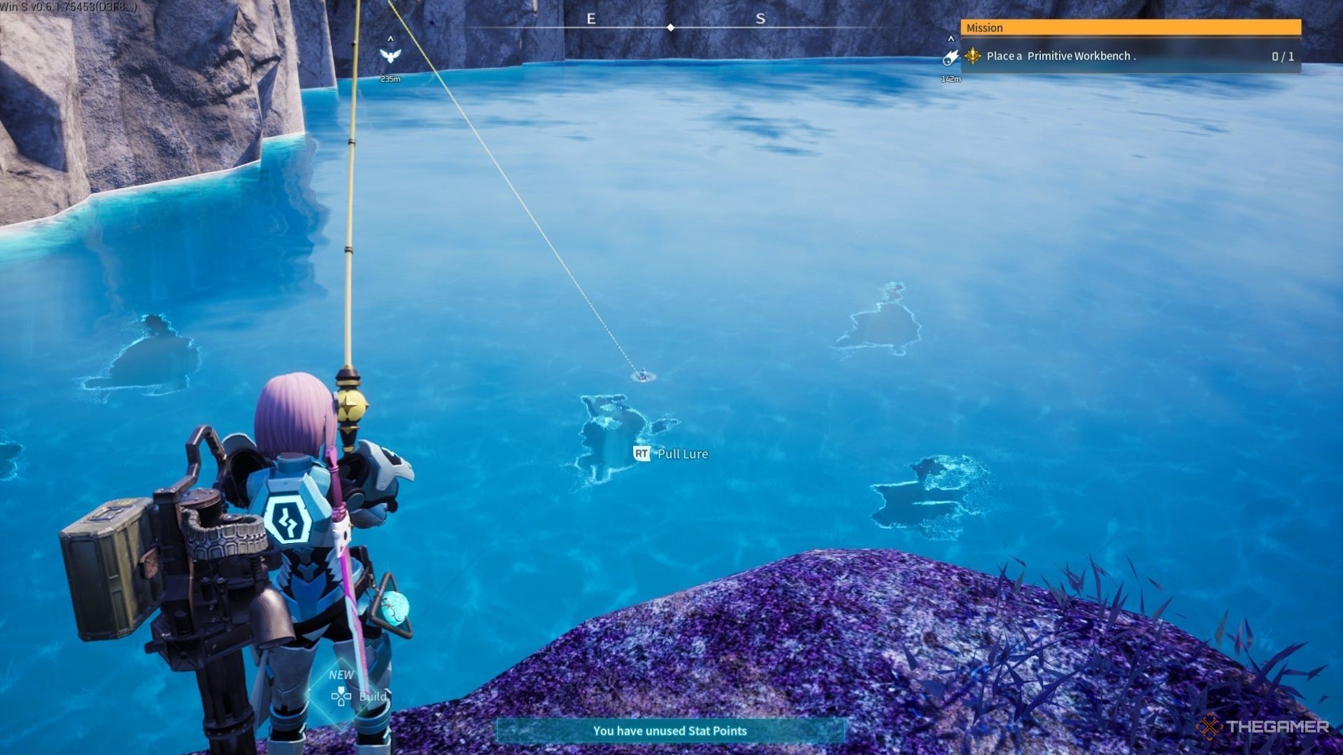 The player is fishing on Feybreak Island in Palworld.