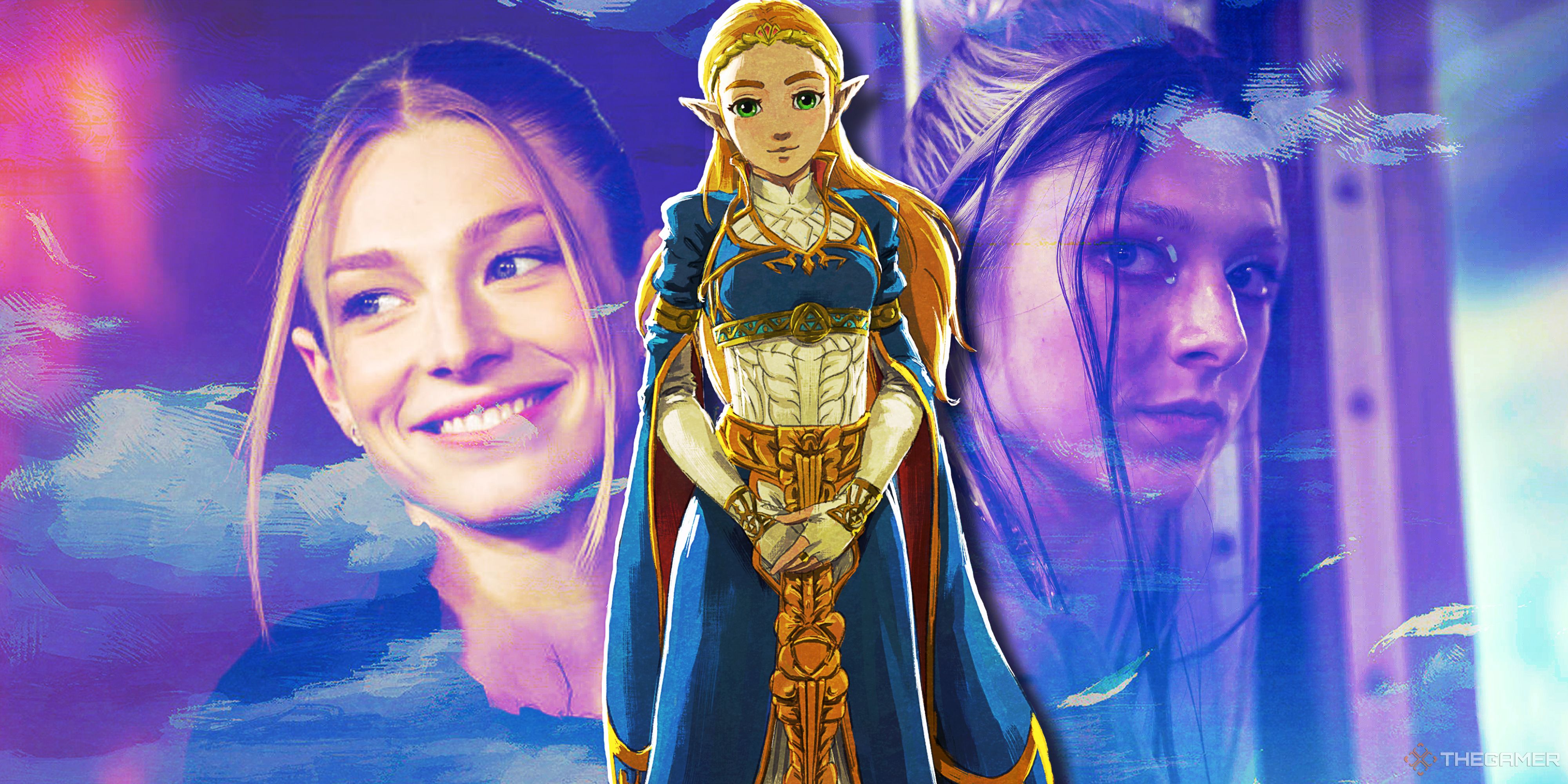Princess Zelda from Breath of the Wild, flanked by Hunter Schafer IRL and Schafer in character as Jules in Euphoria. 