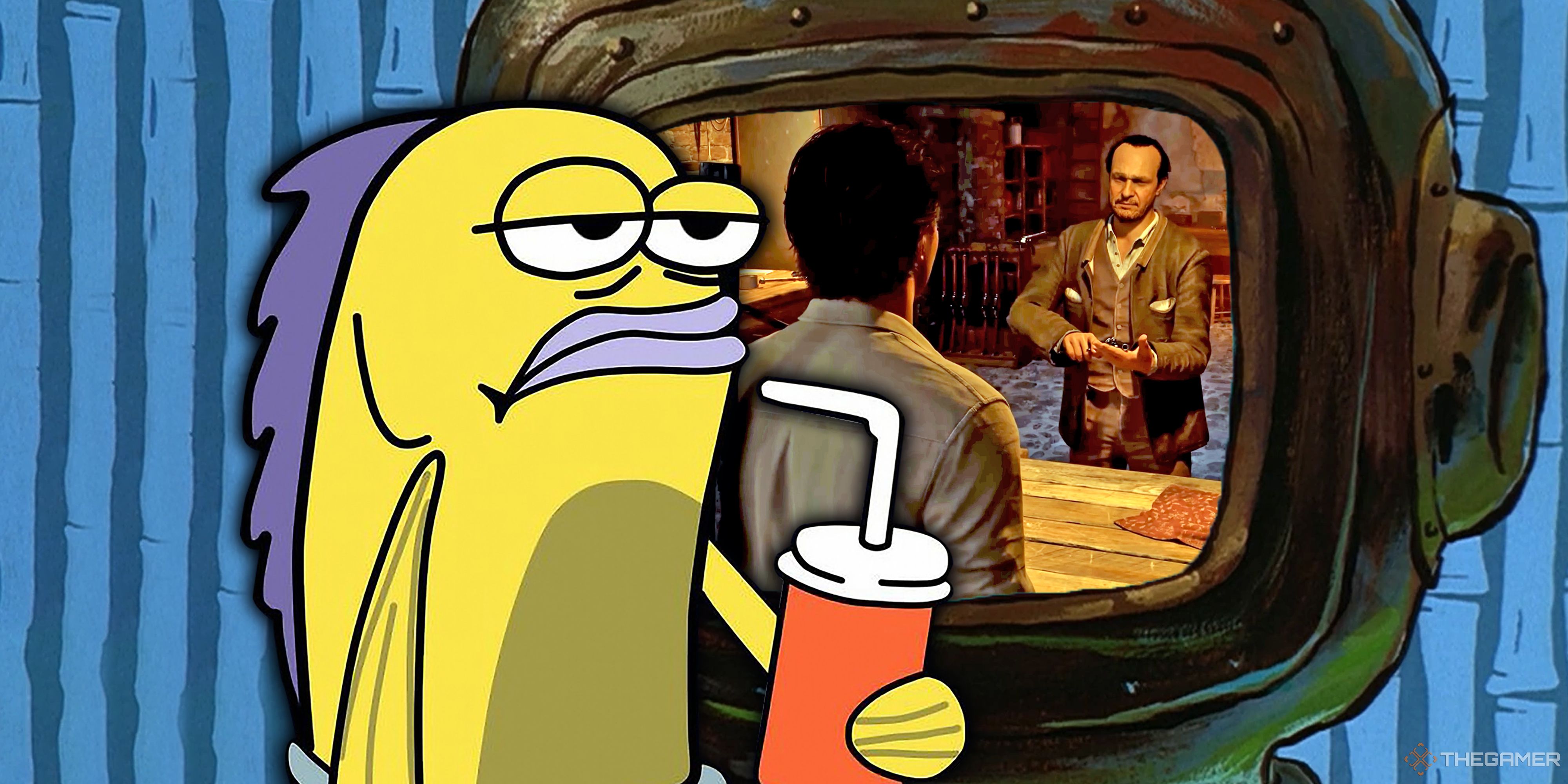 The bored SpongeBob SquarePants fish holding a soda with Mafia: The Old Country gameplay displayed on a screen in the background.