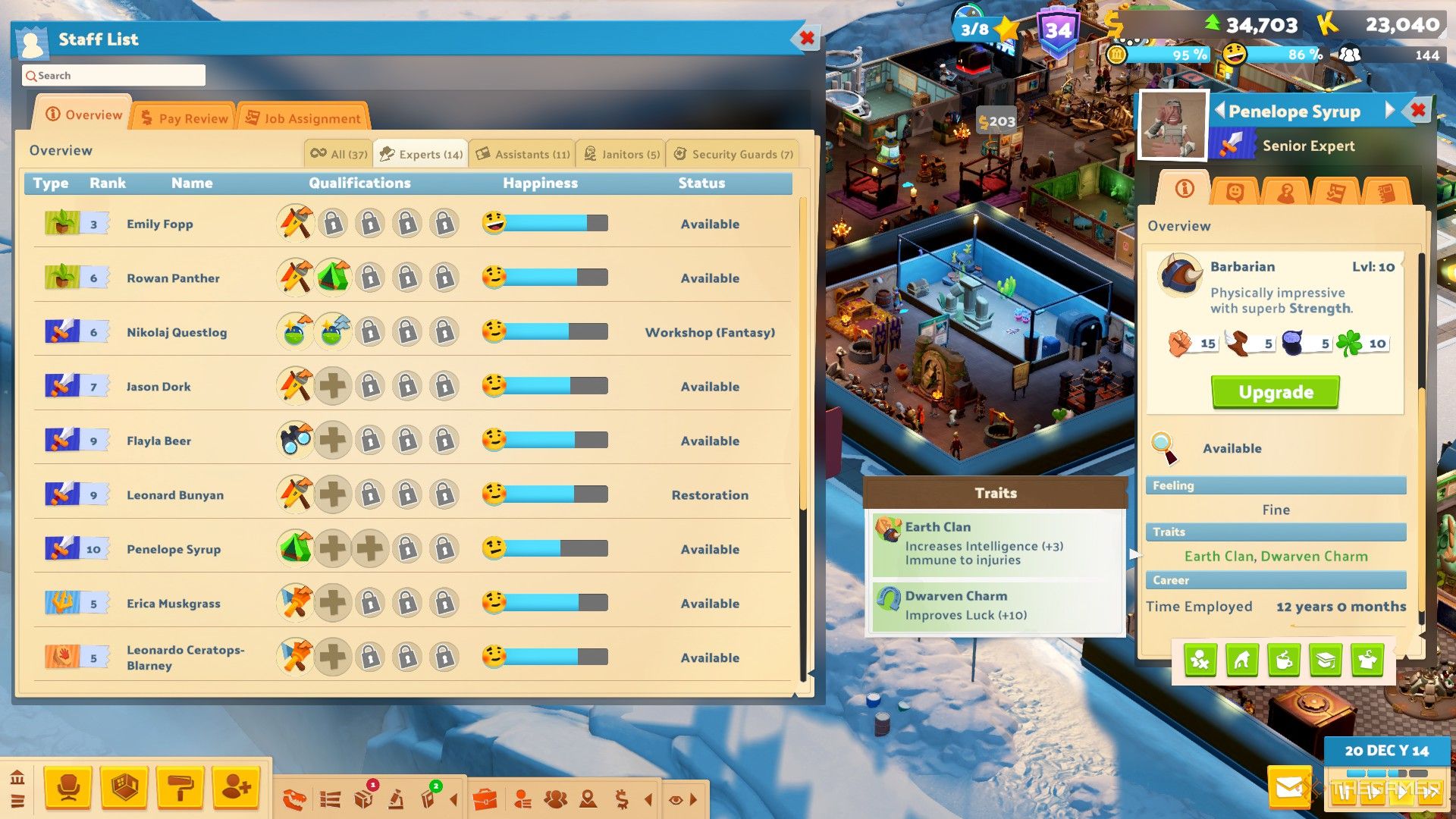 the staff panel in two point museum, with a barbarian fantasy expert from the fantasy finds DLC highlighted.