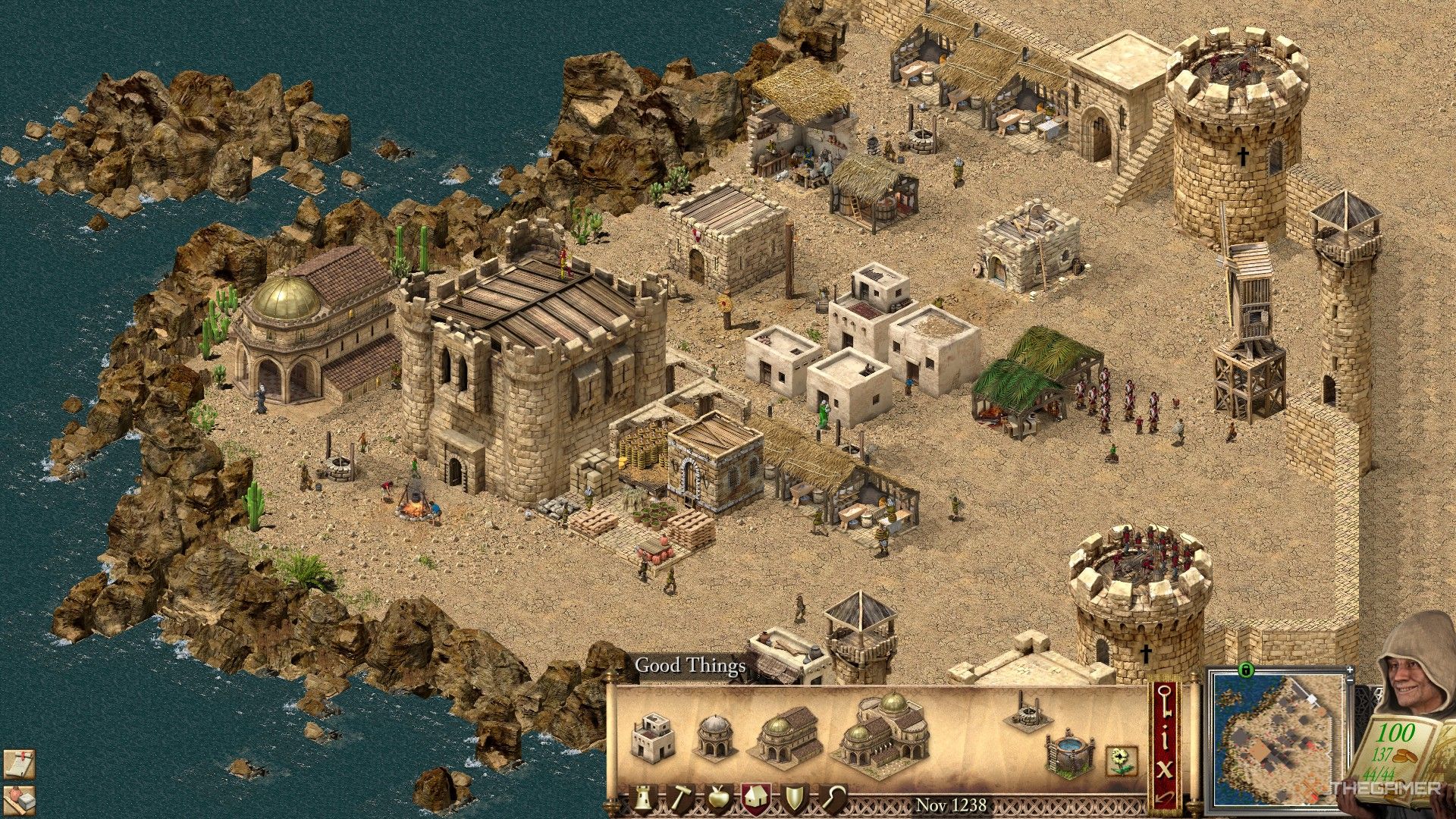 the start of the tyre campaign mission in stronghold crusader: definitive edition, has a stronghold and church already built with ample supplies behind stone walls.