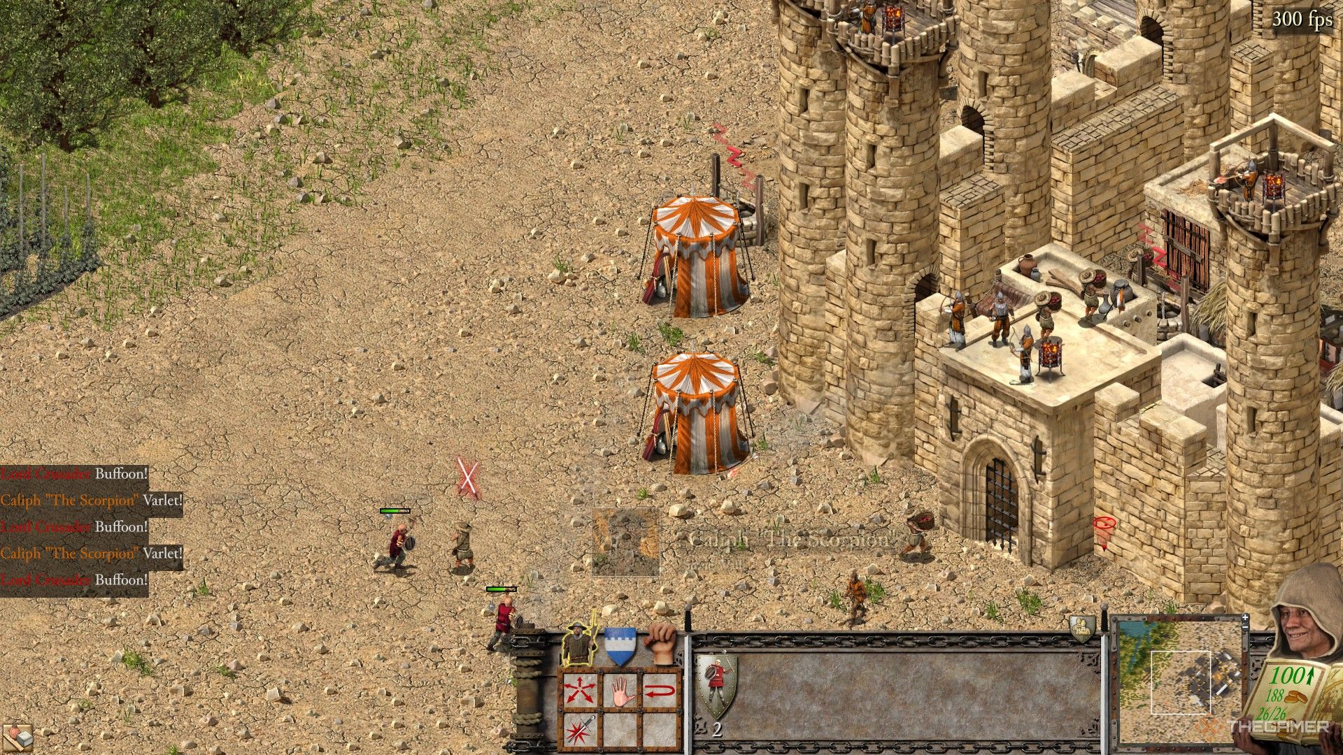 a pair of siege tents set up outside a heavily-fortified castle in stronghold crusader: definitive edition.