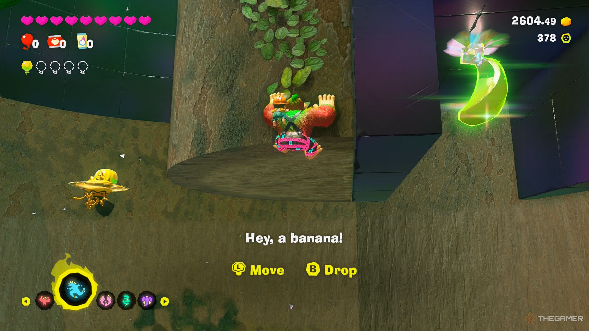 Hanging off wooden wall next to second Banandium Gem in Pit Seeds in Donkey Kong Bananza