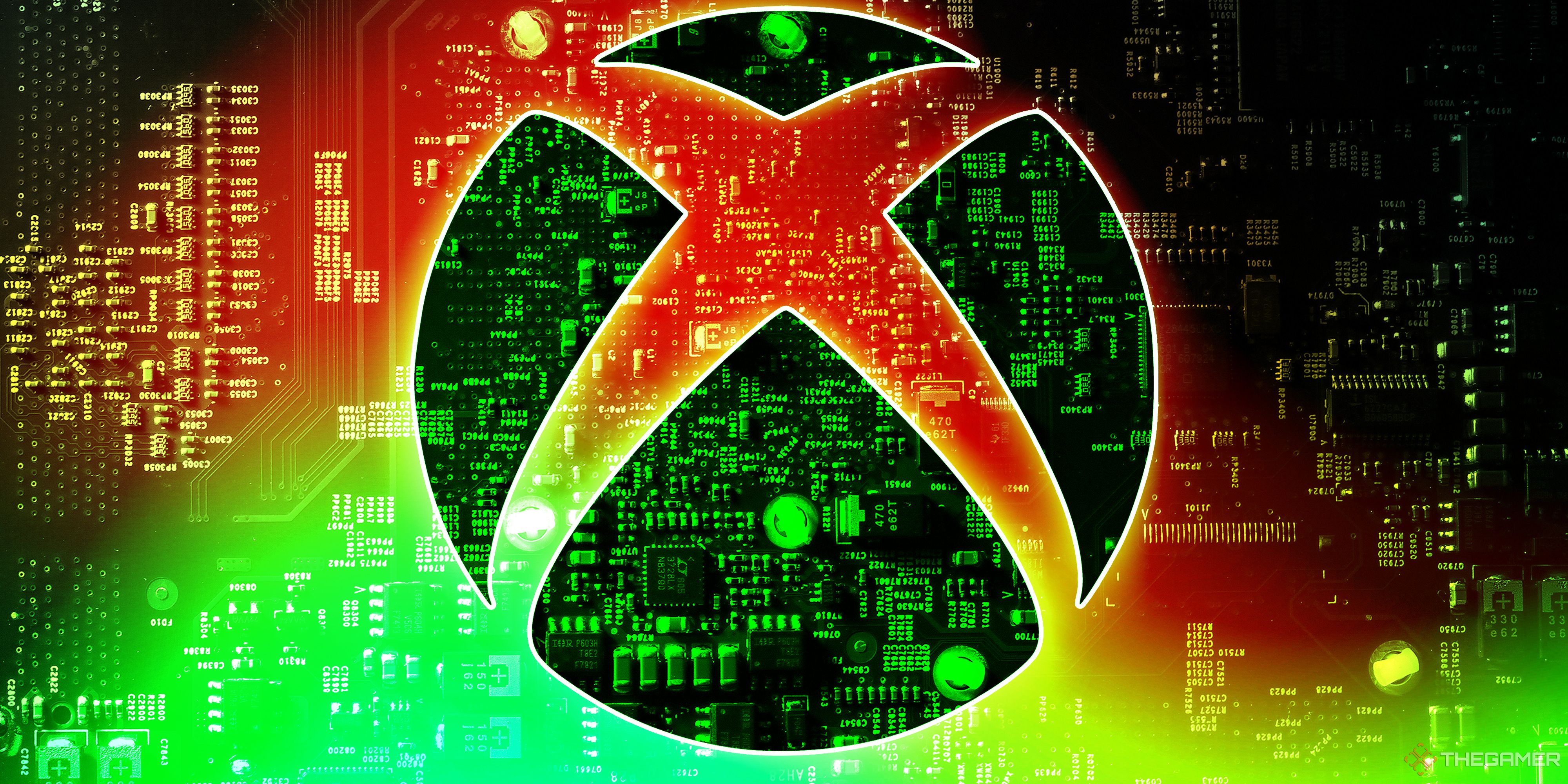 The Xbox logo looms over ominous looking code.