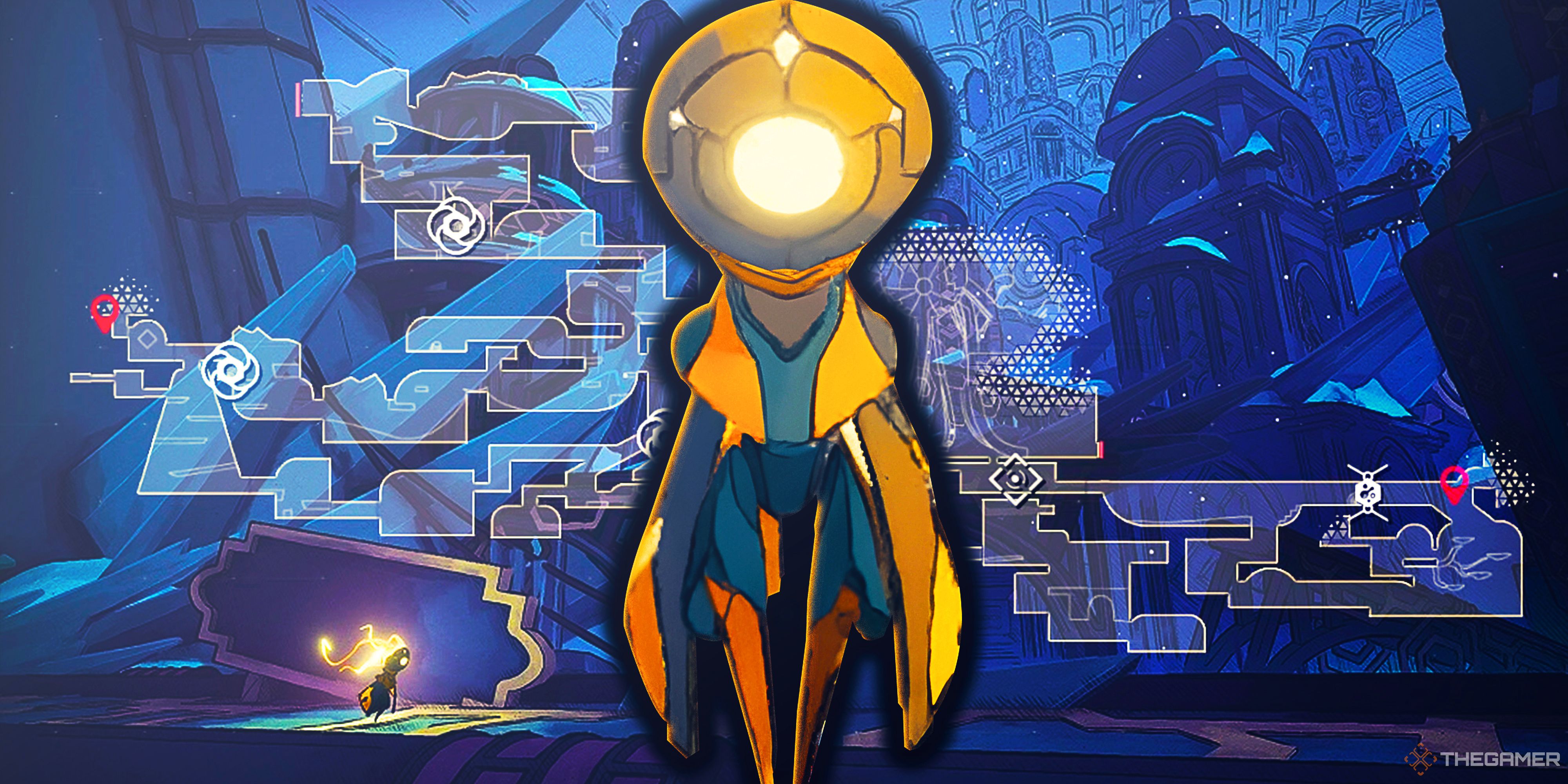 MIO's protagonist with a map design on the background.