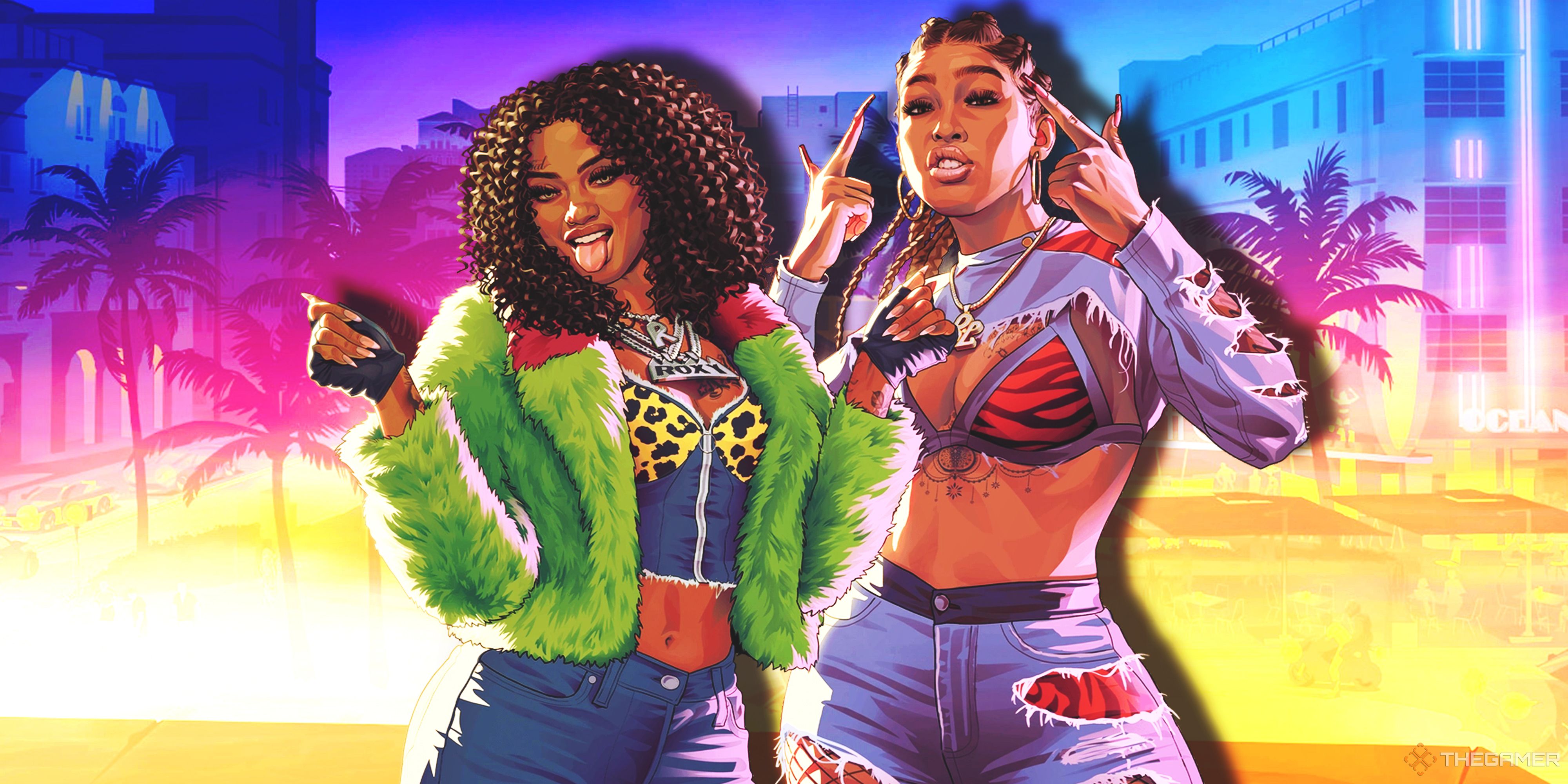 Stylized art of two women from Grand Theft Auto 6 with Vice City in the background.