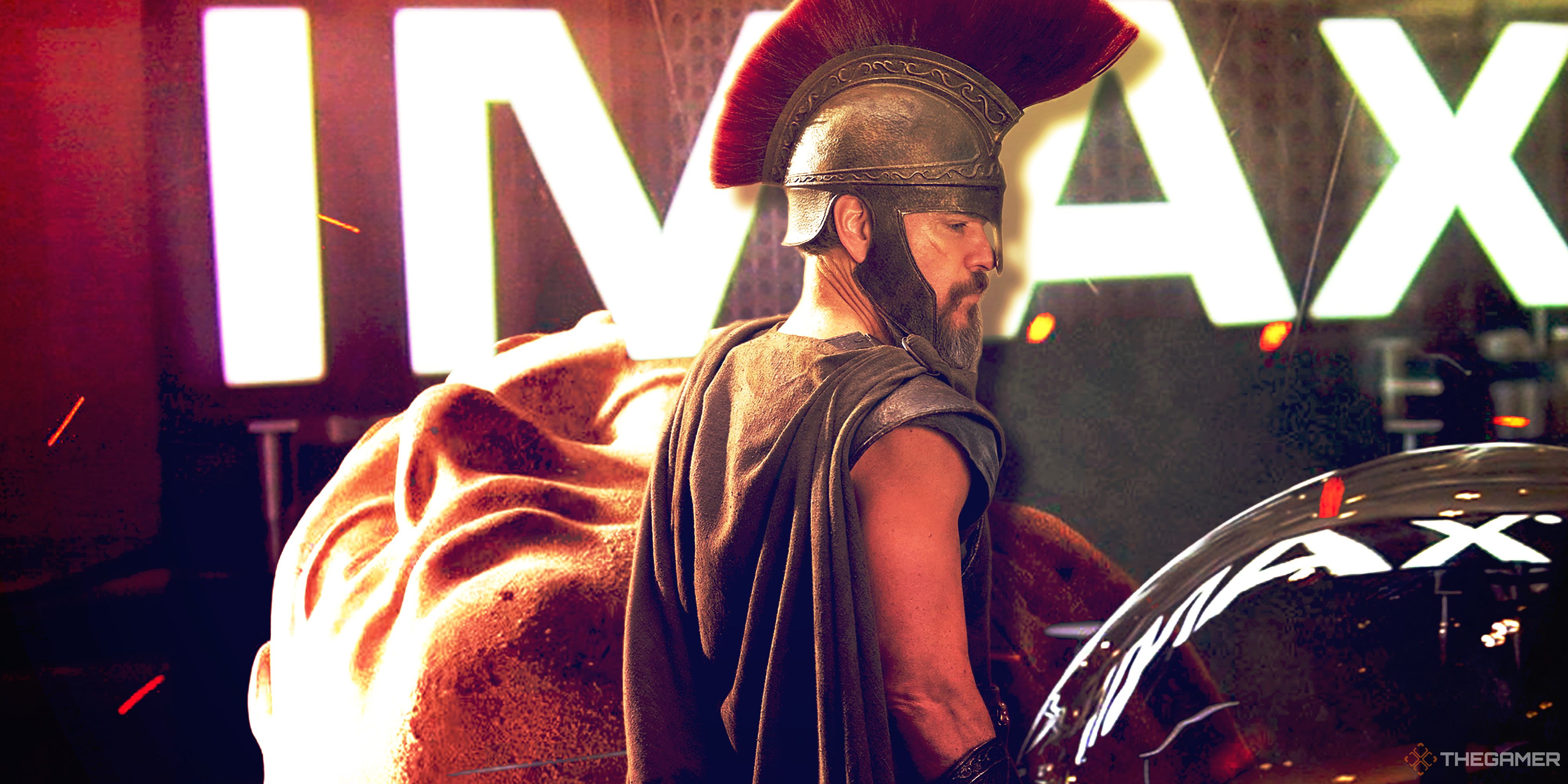 Matt Damon as Odysseus in Christopher Nolan's The Odyssey, with the IMAX logo in the background.