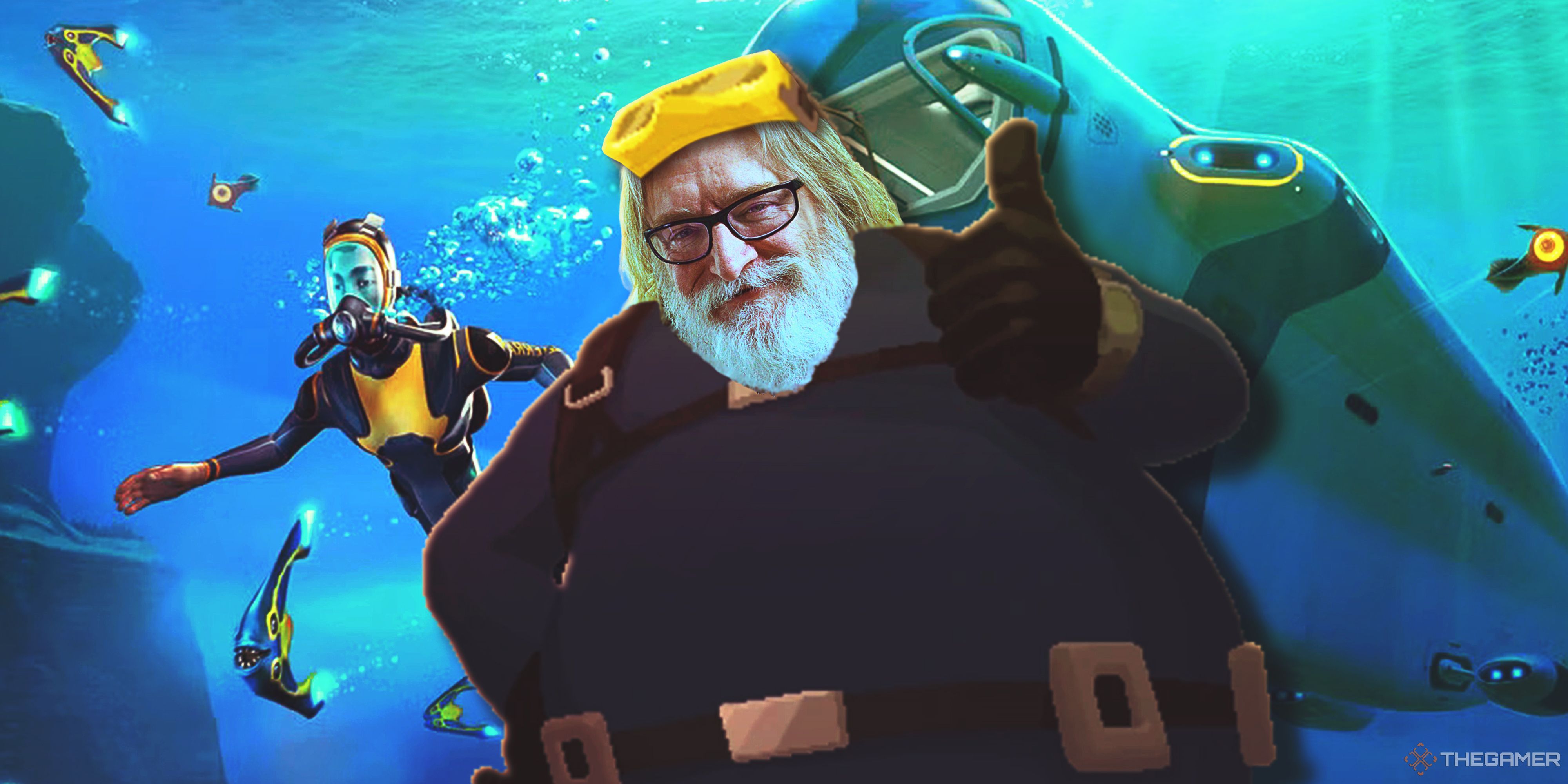 Gabe Newell scuba diving underwater surrounded by Subnautica content.