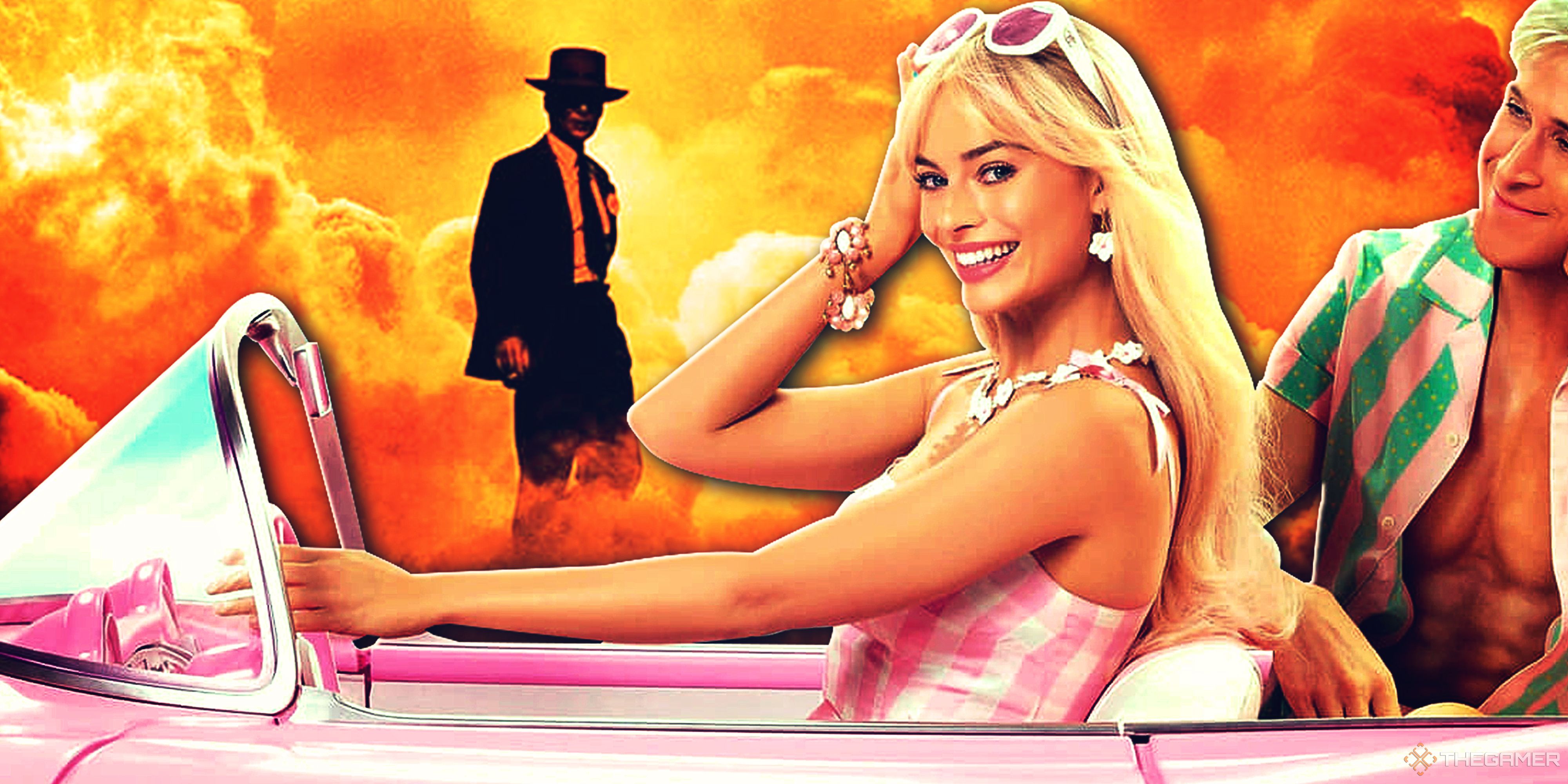 Margot Robbie and Ryan Gosling's Barbie and Ken smile in a pink car as Cillian Murph's Oppenheimer looms in the background, surrounded by orange clouds.