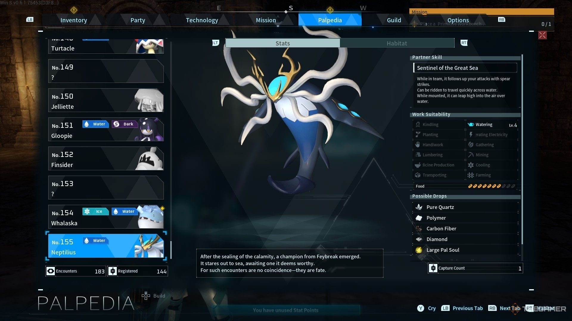 Neptilius stats and Partner Skill in Palworld.