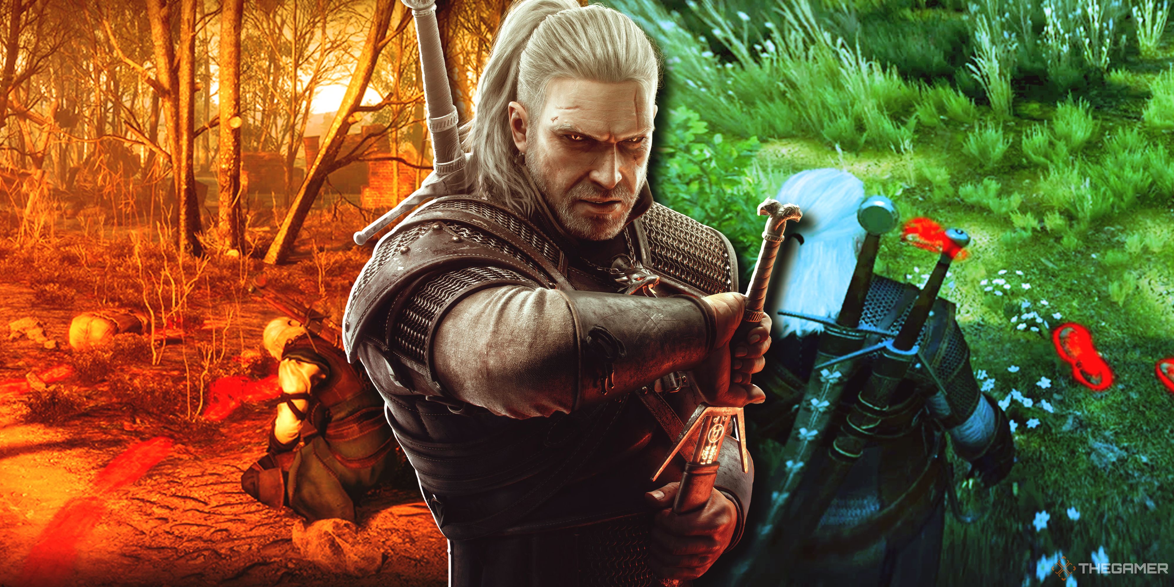 In the foreground, Geralt from The Witcher 3's key art pulls a sword from its sheath. In the background, two screenshots show Geralt tracking footprints with Witcher vision.