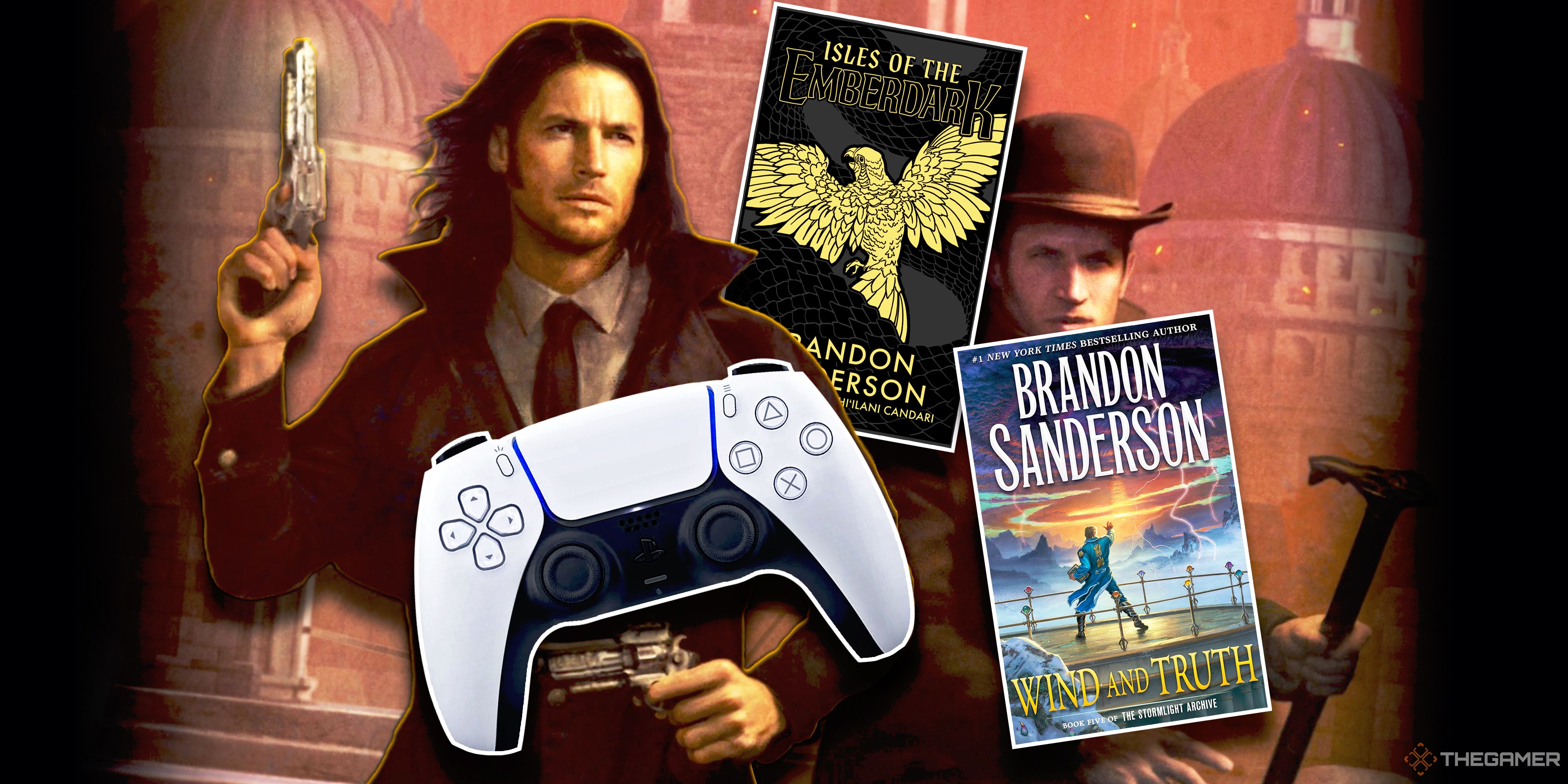Wax and Wayne stand ready for battle on the cover of The Lost Metal, a novel from Mistborn Era 2. A PS5 controller and the covers for the books Isles of the Emberdark and Wind and Truth float in the foreground.