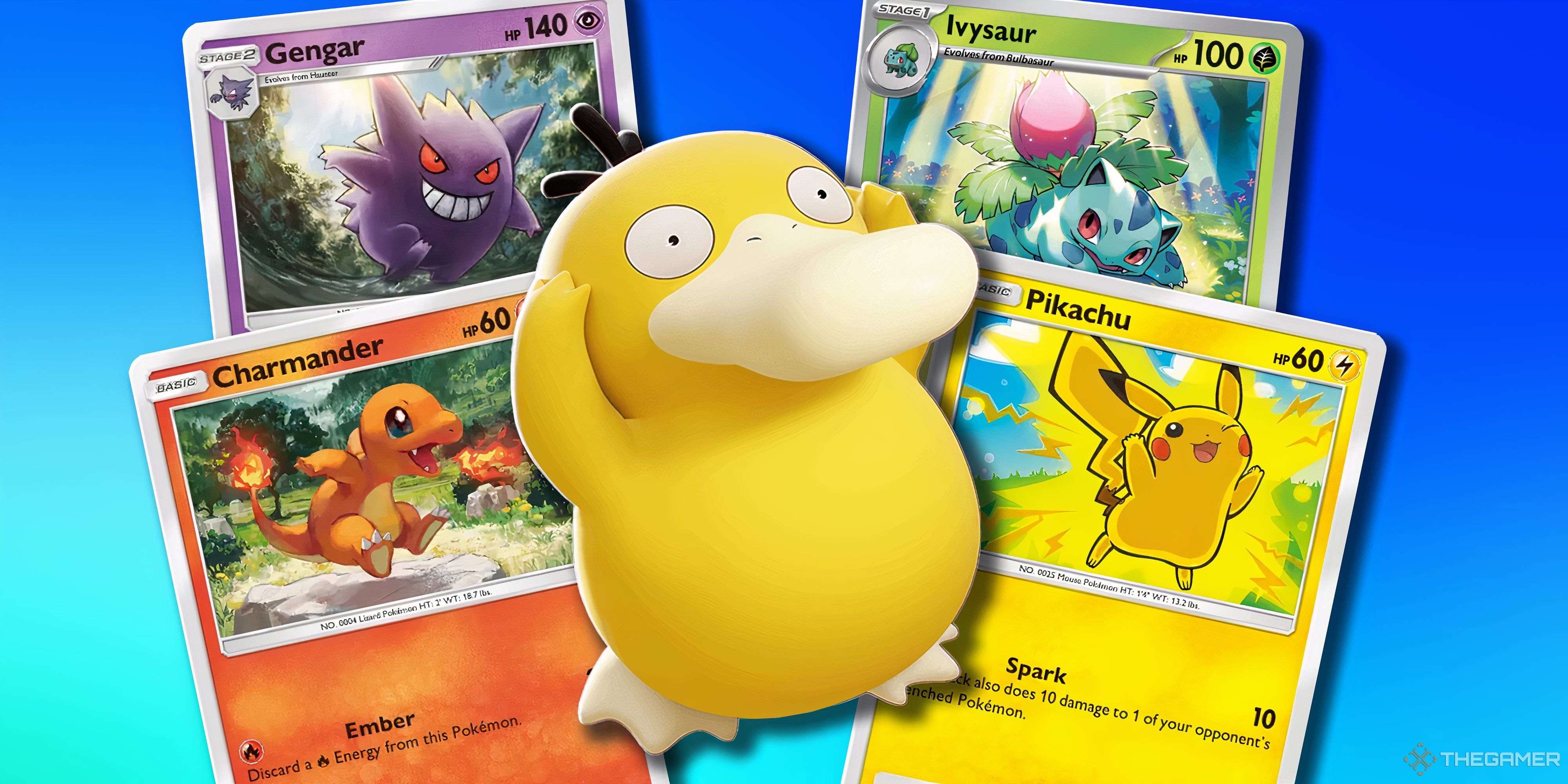 Psyduck grabs its head With Pokemon Cards from the Pokemon TCG in the background.