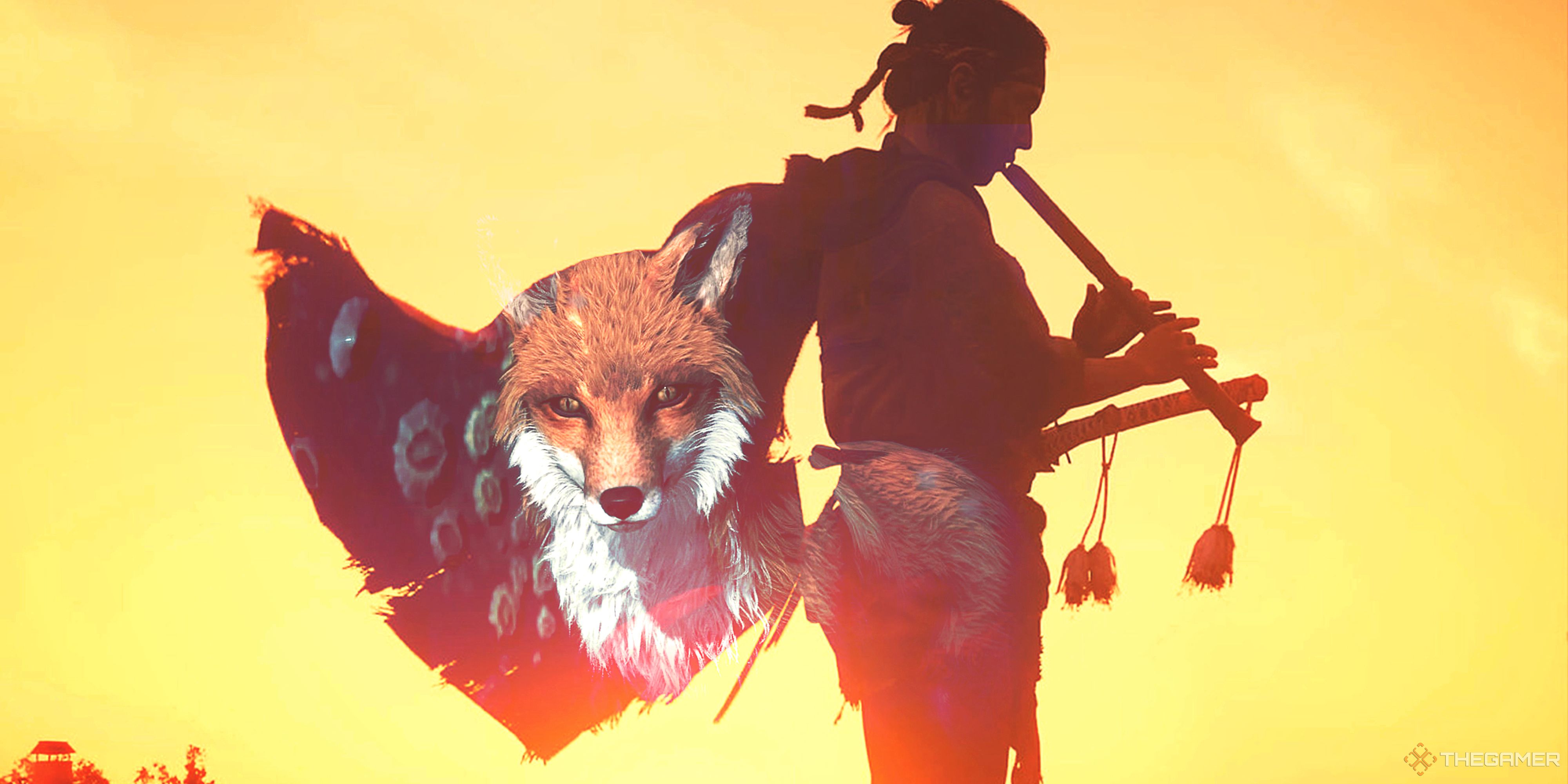 Ghost of Tsushima's Jin Sakai plays a flute in silhouette. As he plays, his cloak flutters, revealing the image of a fox displayed on the cloth.
