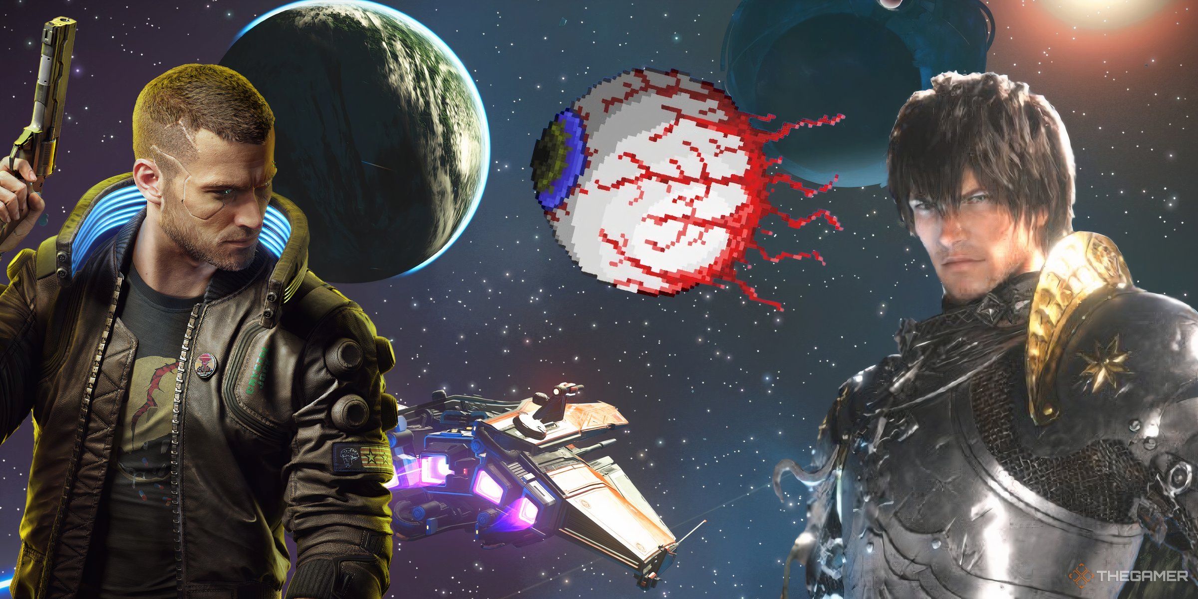 A background of No Man's Sky's space with Eye of Cthulhu, the Warrior of Light, and a character from Cyberpunk 2077 in the foreground.
