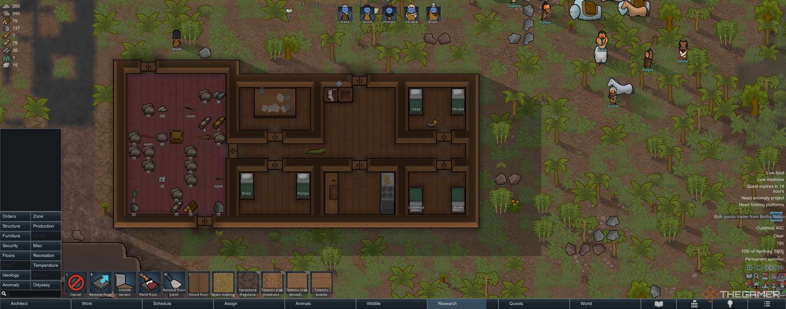 A cabin pre-dyeing floors in Rimworld.