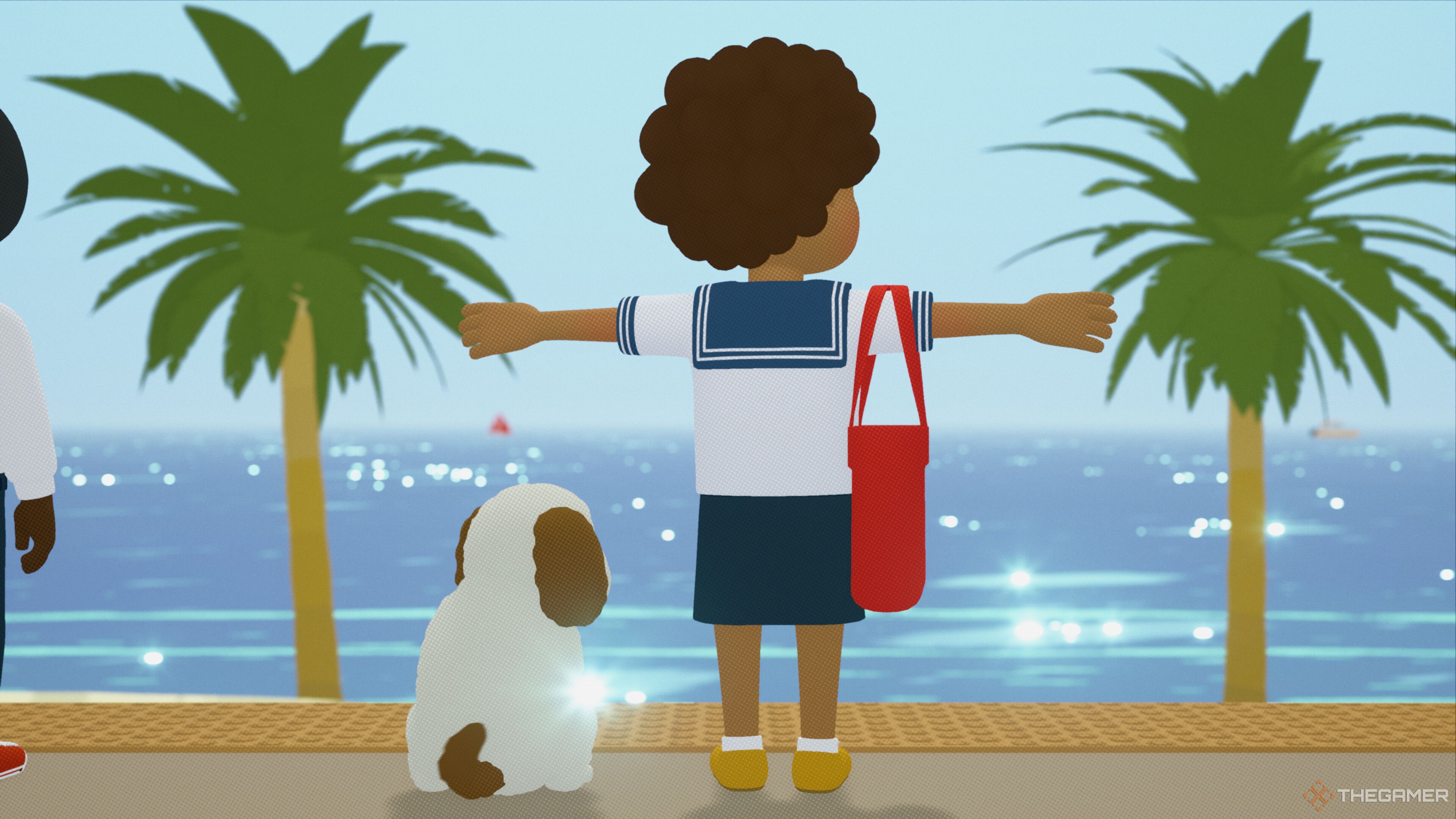 A character with their dog standing beside a beach in To A T.