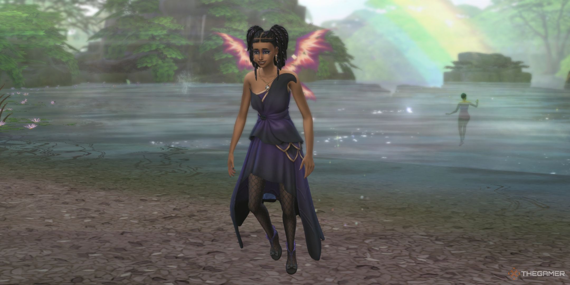 A fairy coming out of moondrop springs in Everdew in The Sims 4 enchanted by nature.
