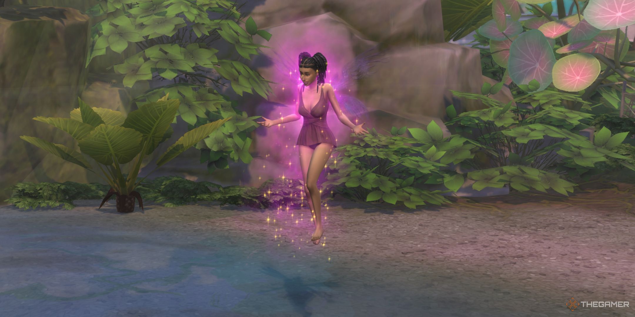 A fairy Sim getting wings in moondrop springs in The Sims 4 Enchanted By Nature.