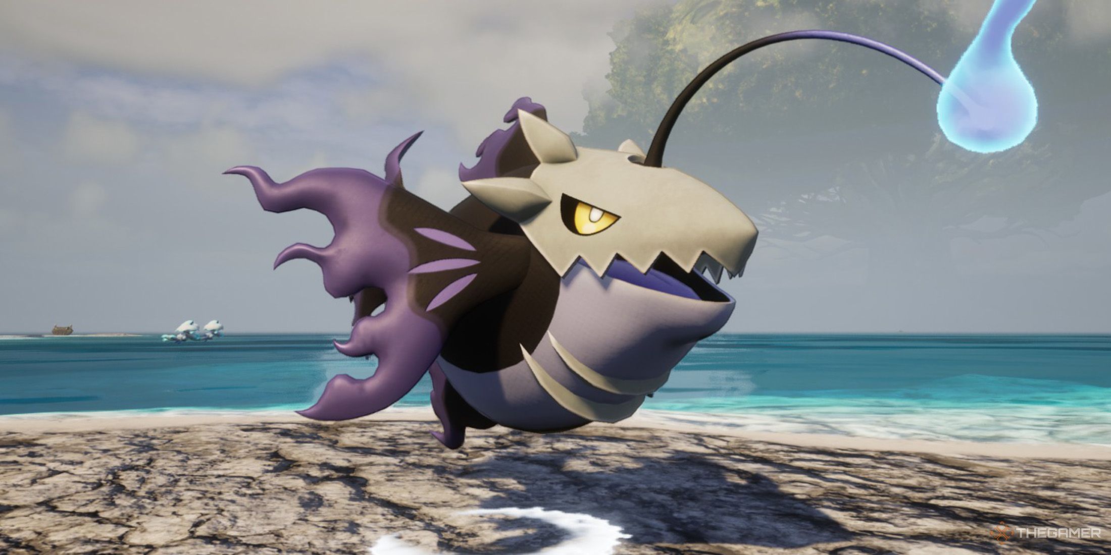 A Ghangler is located on a beach in Palworld.