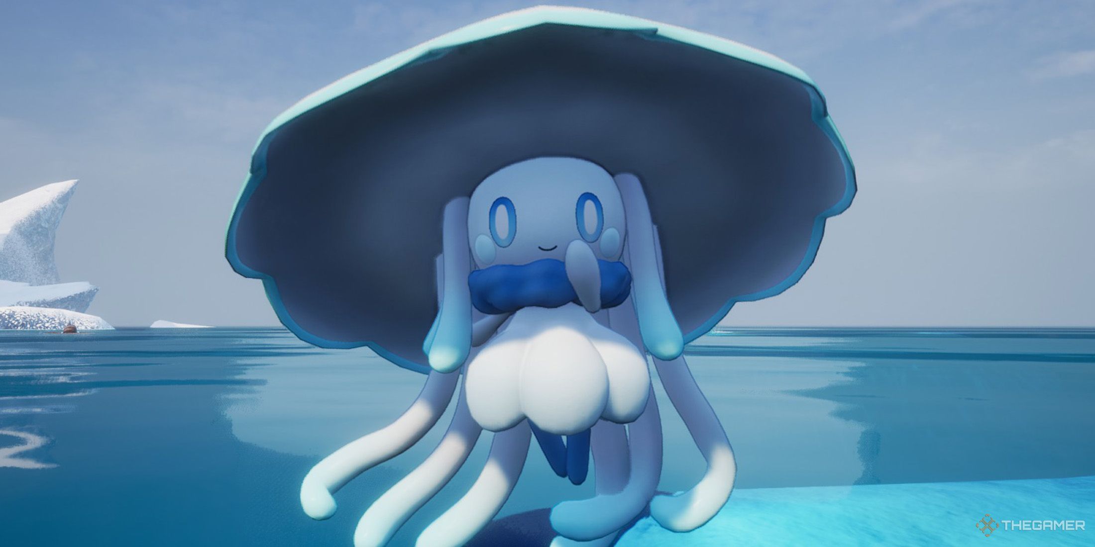 A Jelliette is smiling to the player on the ocean in Palworld.