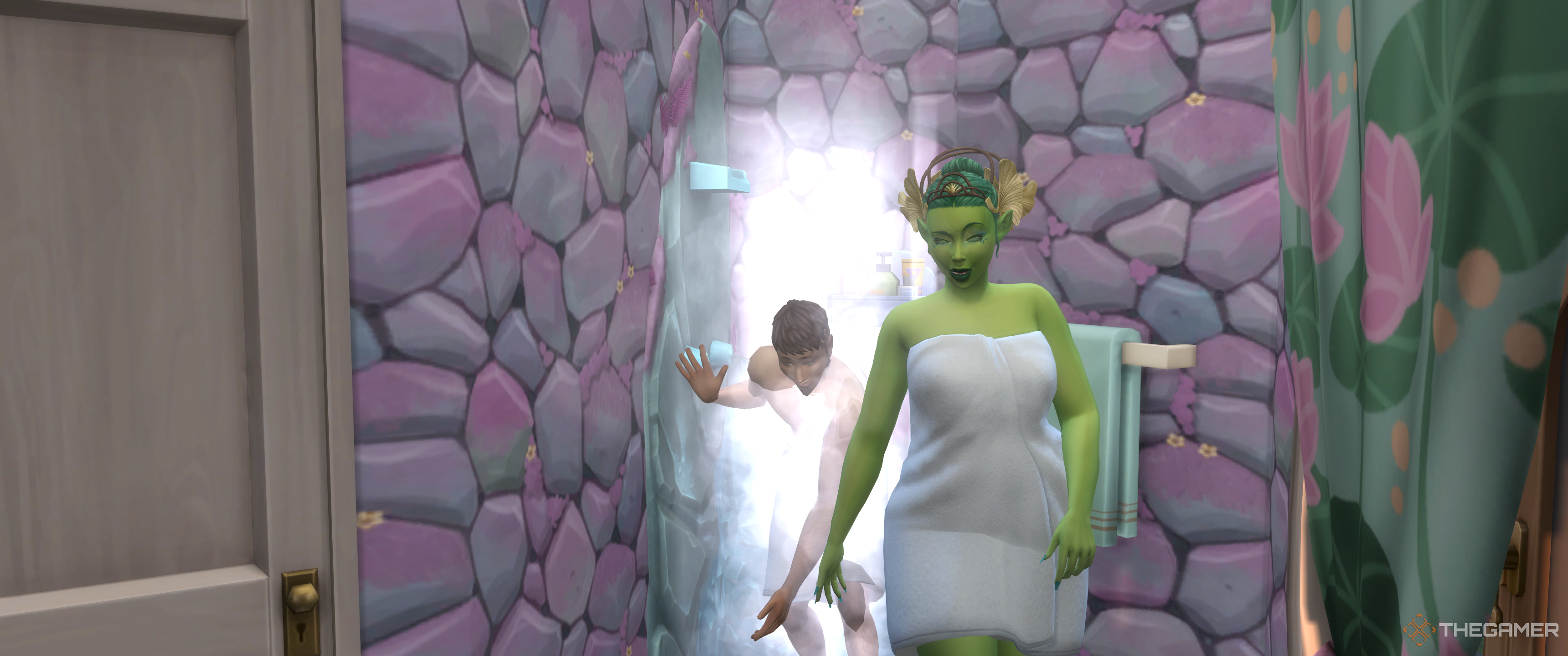 A male Sim and motherr nature coming out of the shower together in The Sims 4 Enchanted By Nature.