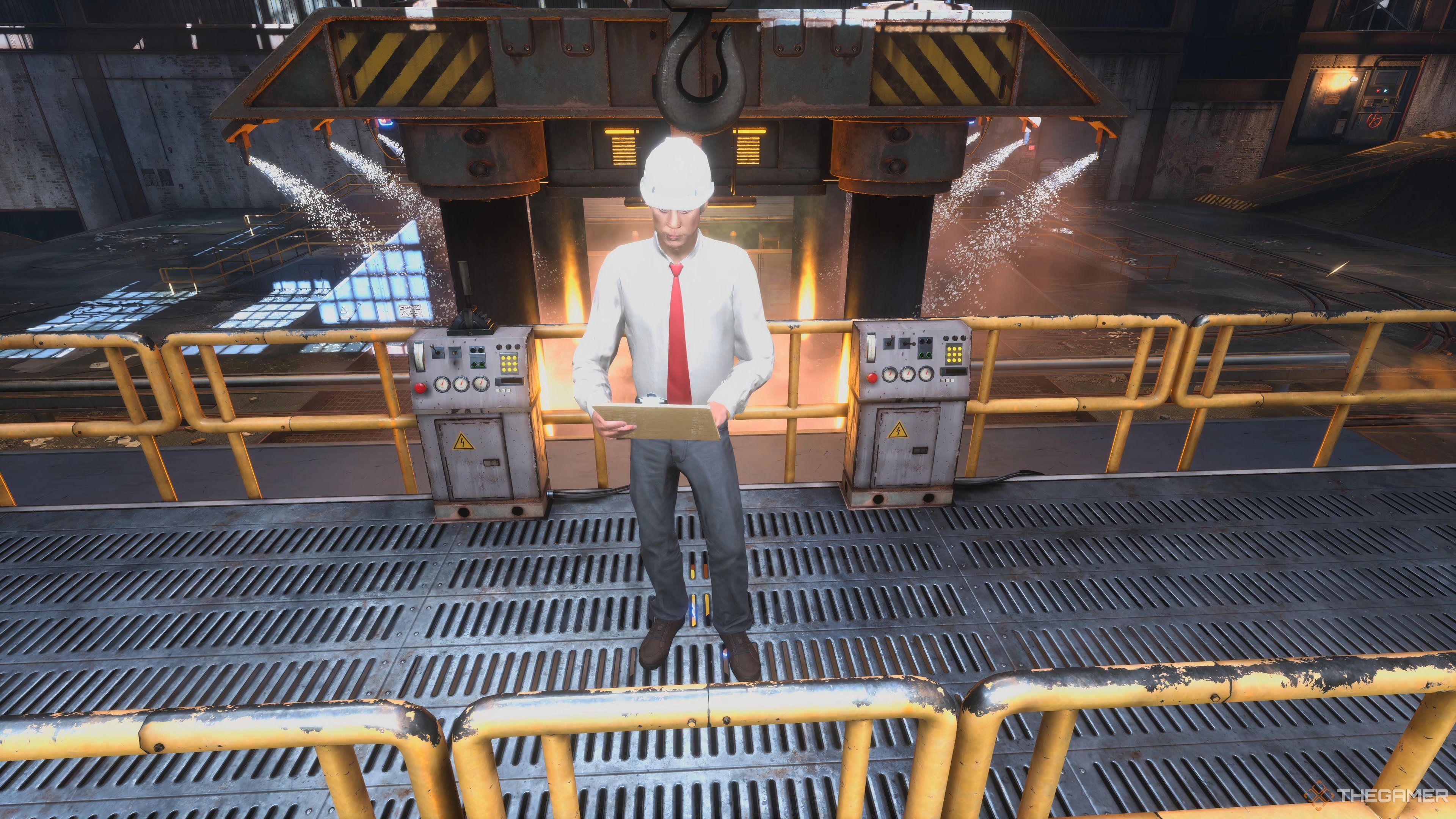 A man with a red tie stands in the Foundry in Tony Hawk's Pro Skater 3+4.