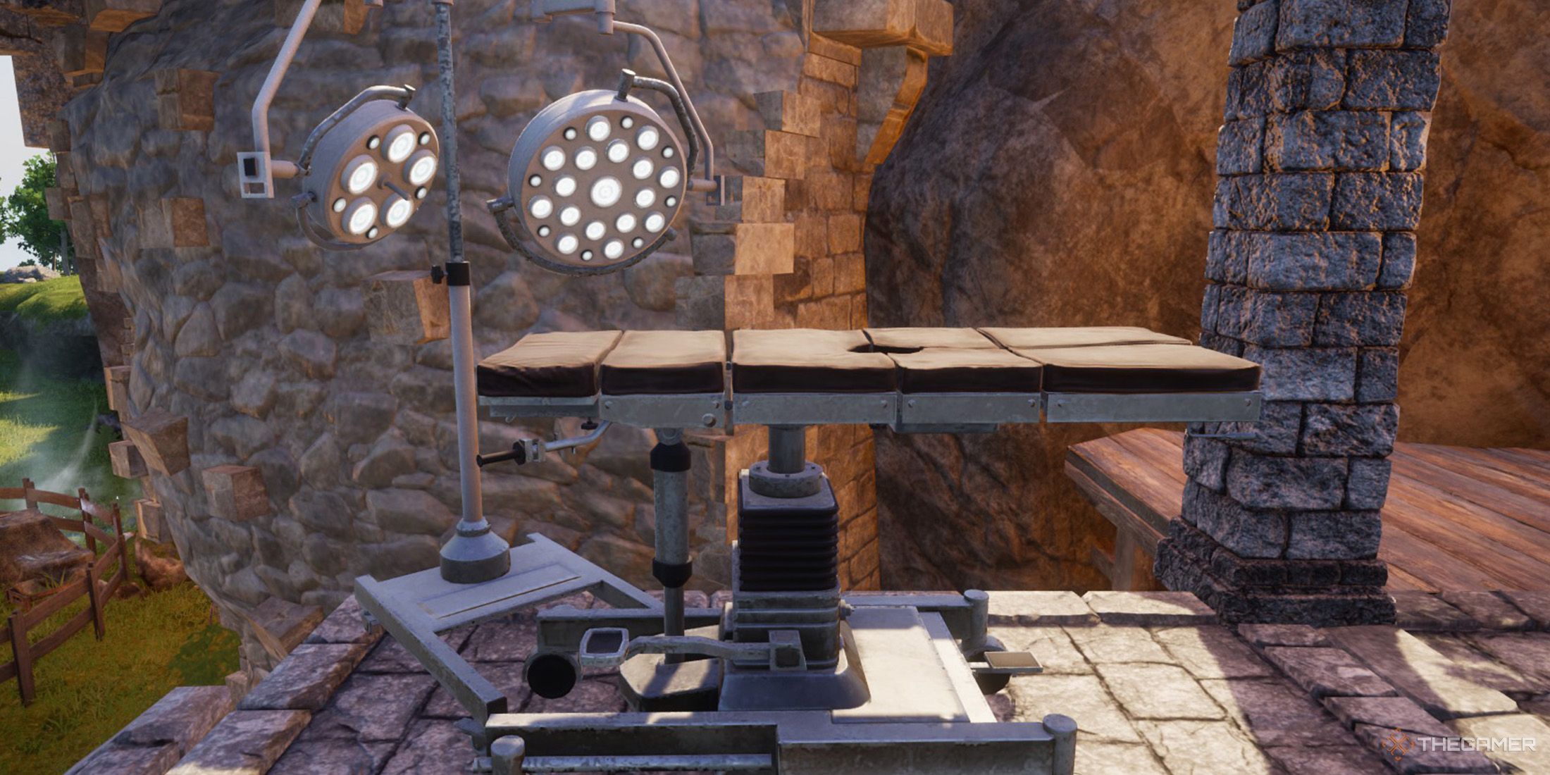 A Pal Surgery Table on a stone platfrom at the player's base in Palworld.