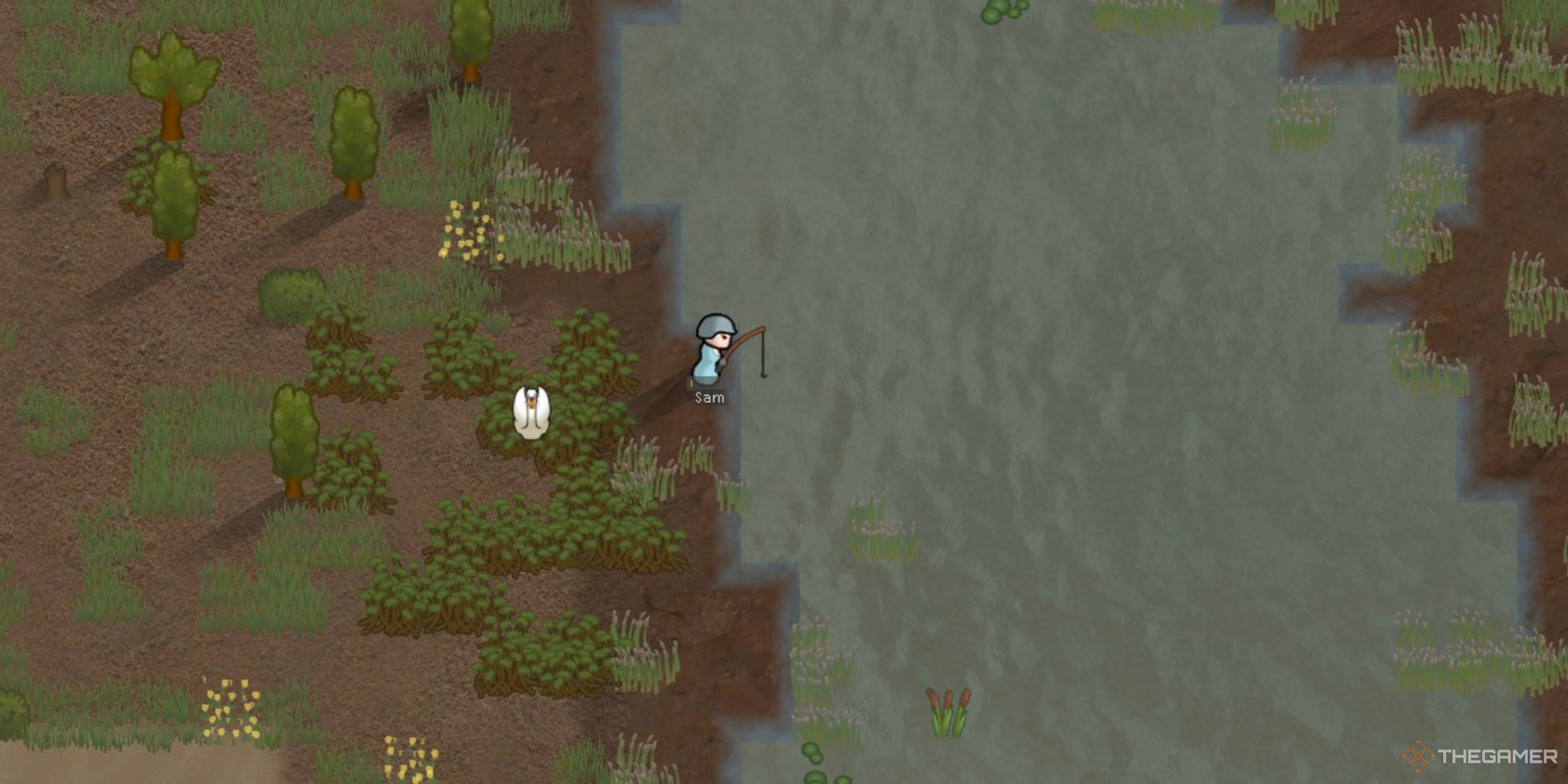 A pawn fishing in Rimworld.