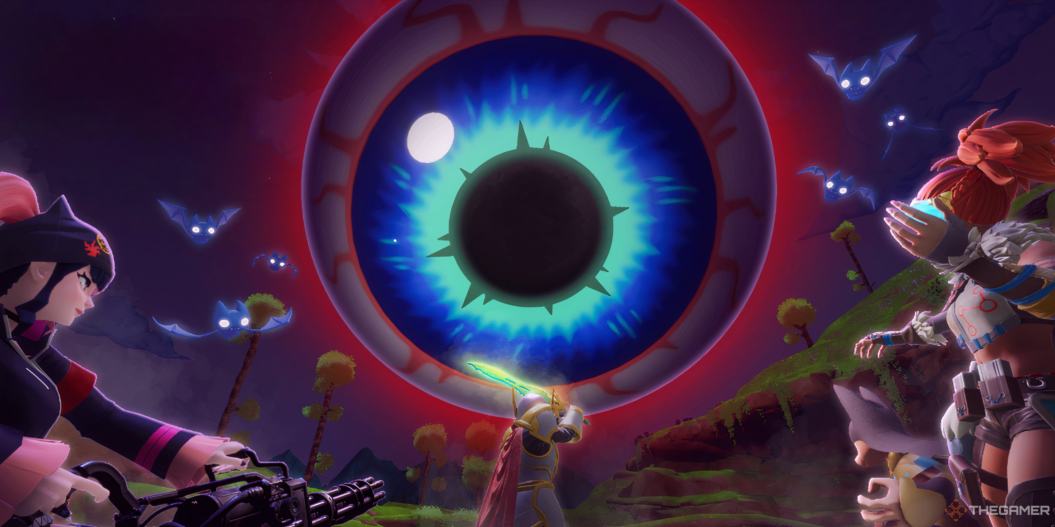 A picture of the Eye of Cthulhu looking at some players ready to fight - Palworld
