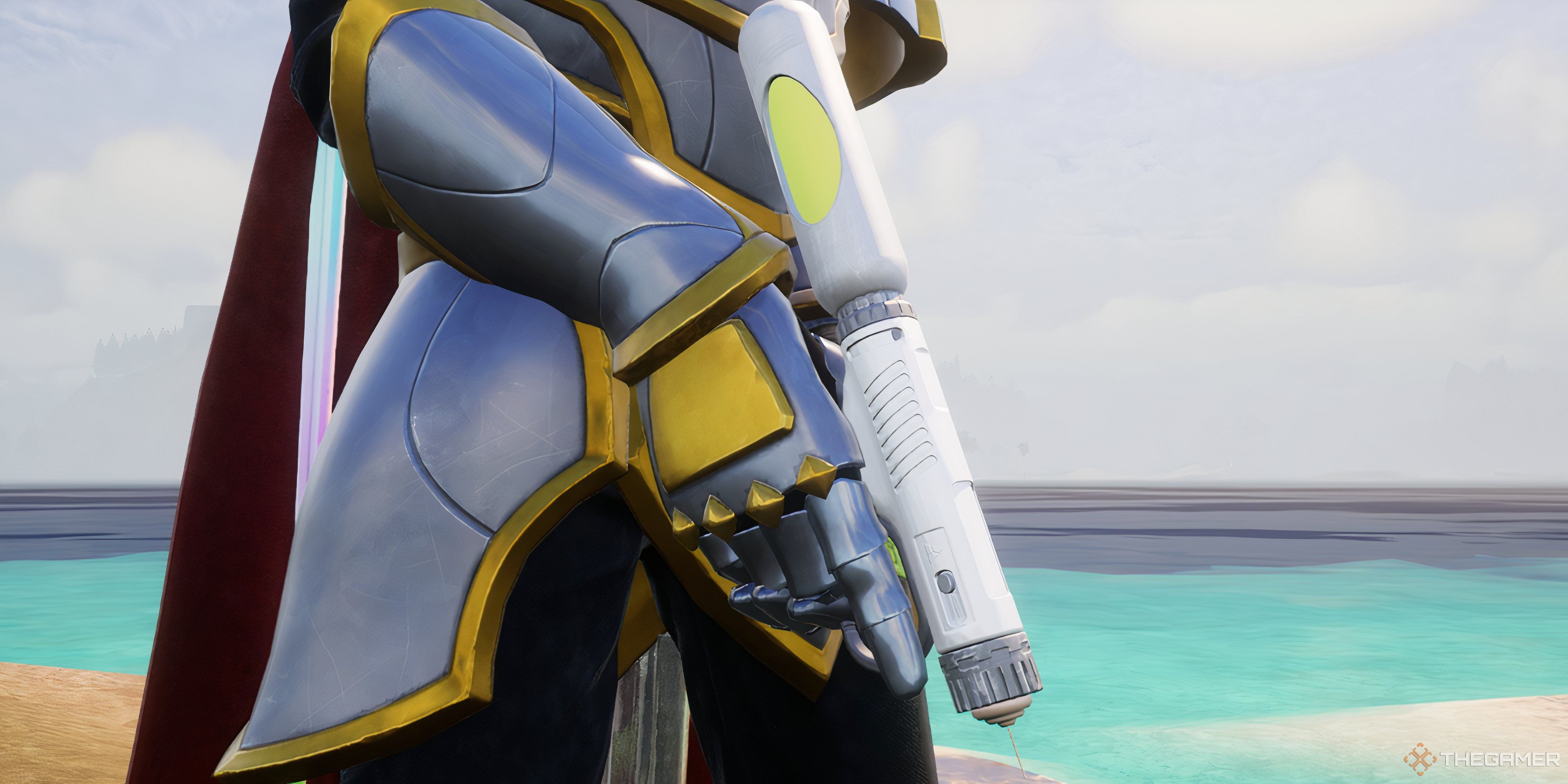 A picture of the hands of the player holdig the Megaboost gun - Palworld