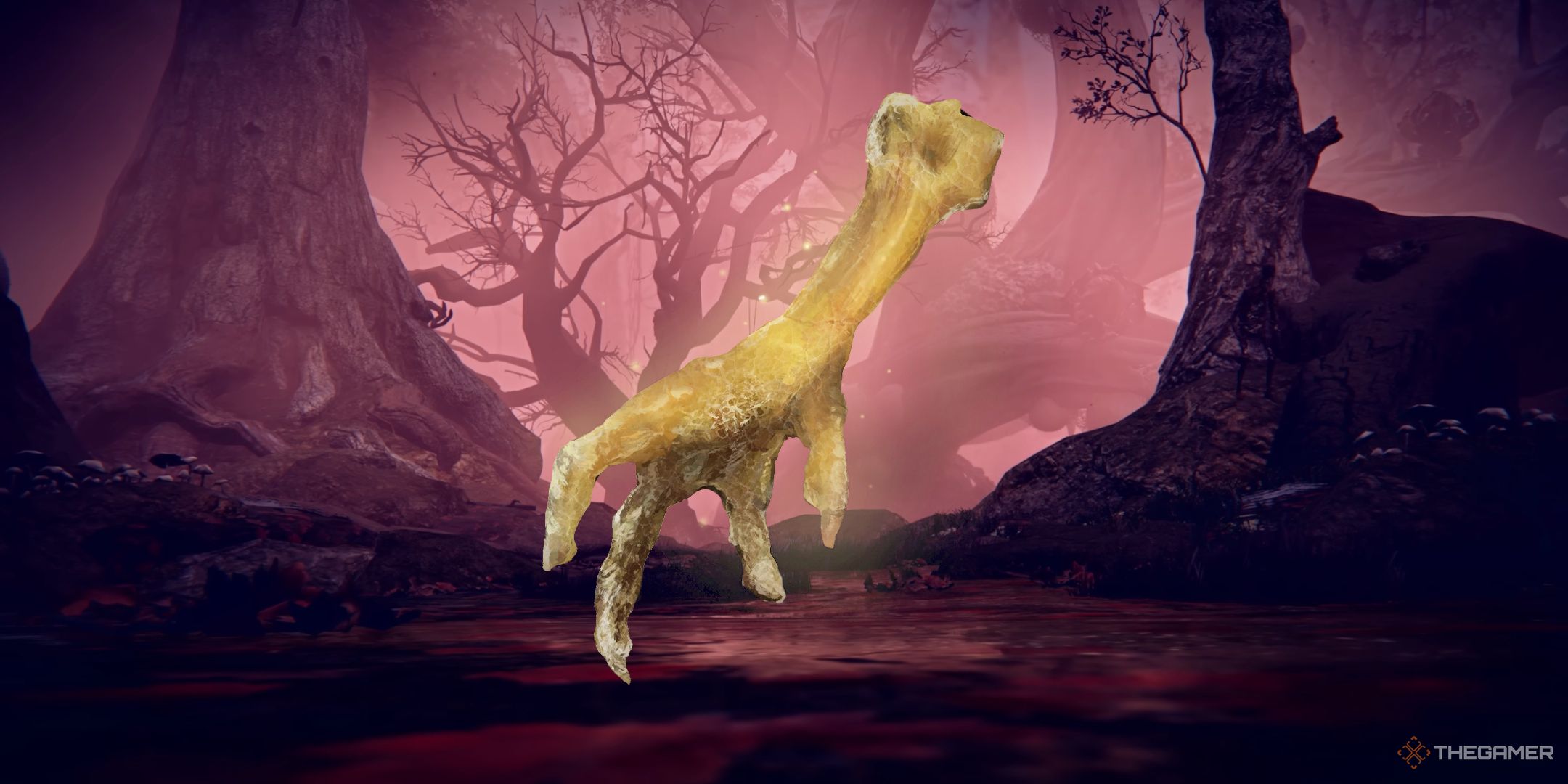 A picture showing the Gold-Pickled Fowl Foot in front of the Rotted Woods in Elden Ring Nightreign.