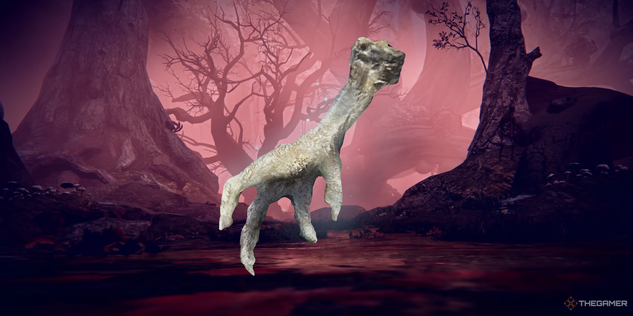 A picture showing the Silver-Pickled Fowl Foot in front of the Rotted Woods in Elden Ring Nightreign.