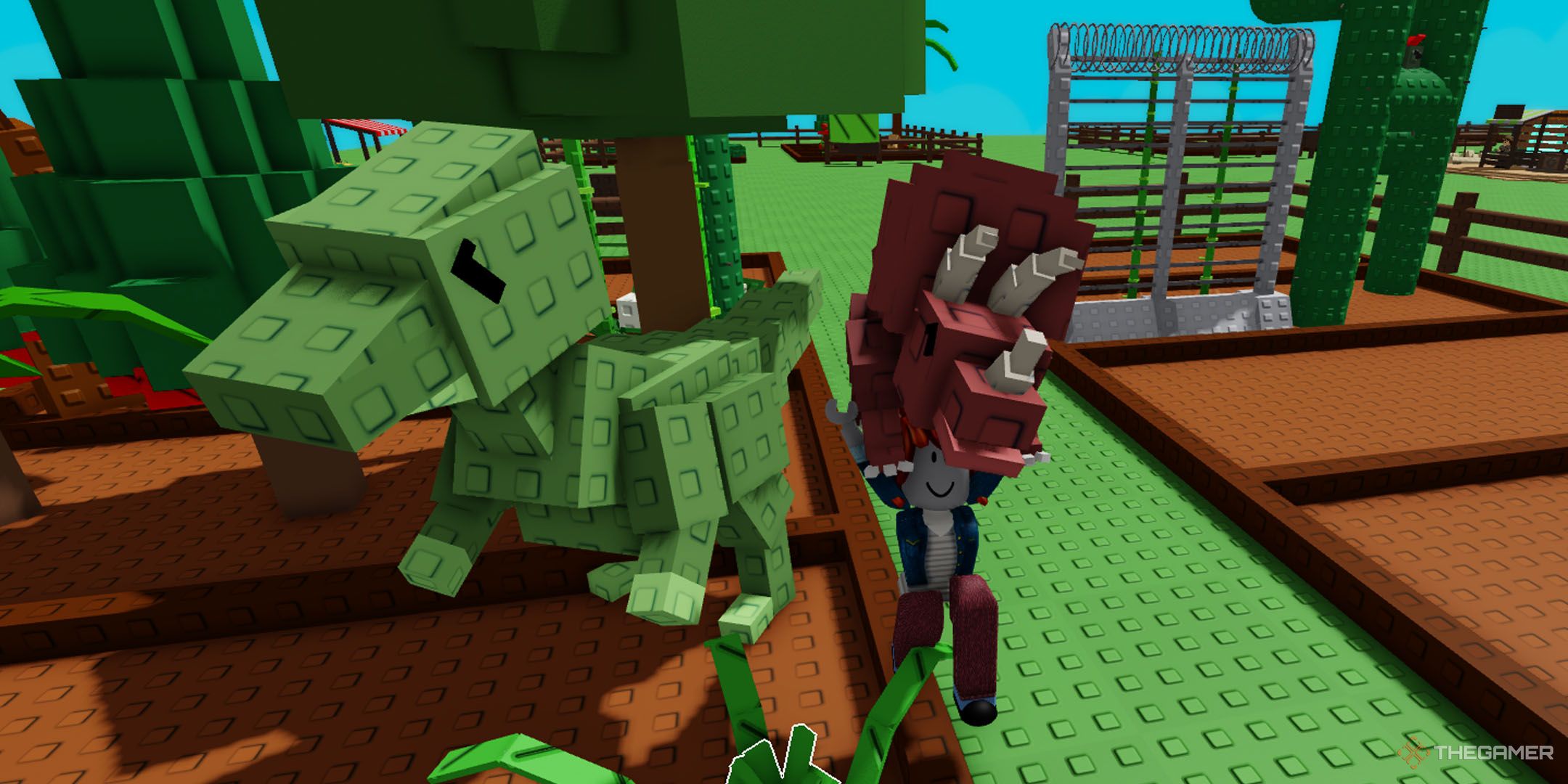 A player and two dinosaurs in Roblox Grow a Garden.