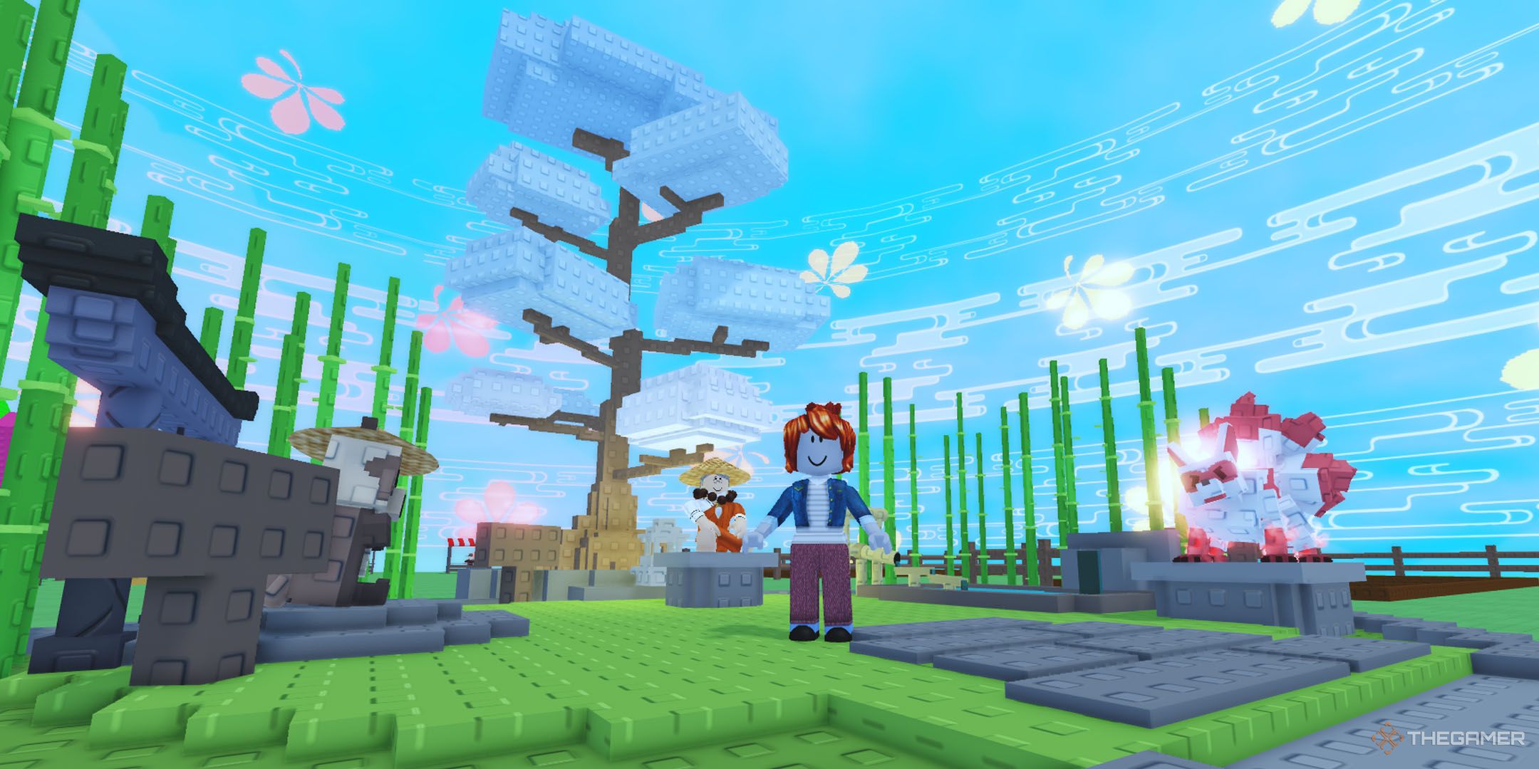 A player beside the Zen Event npcs in Roblox Grow a Garden.