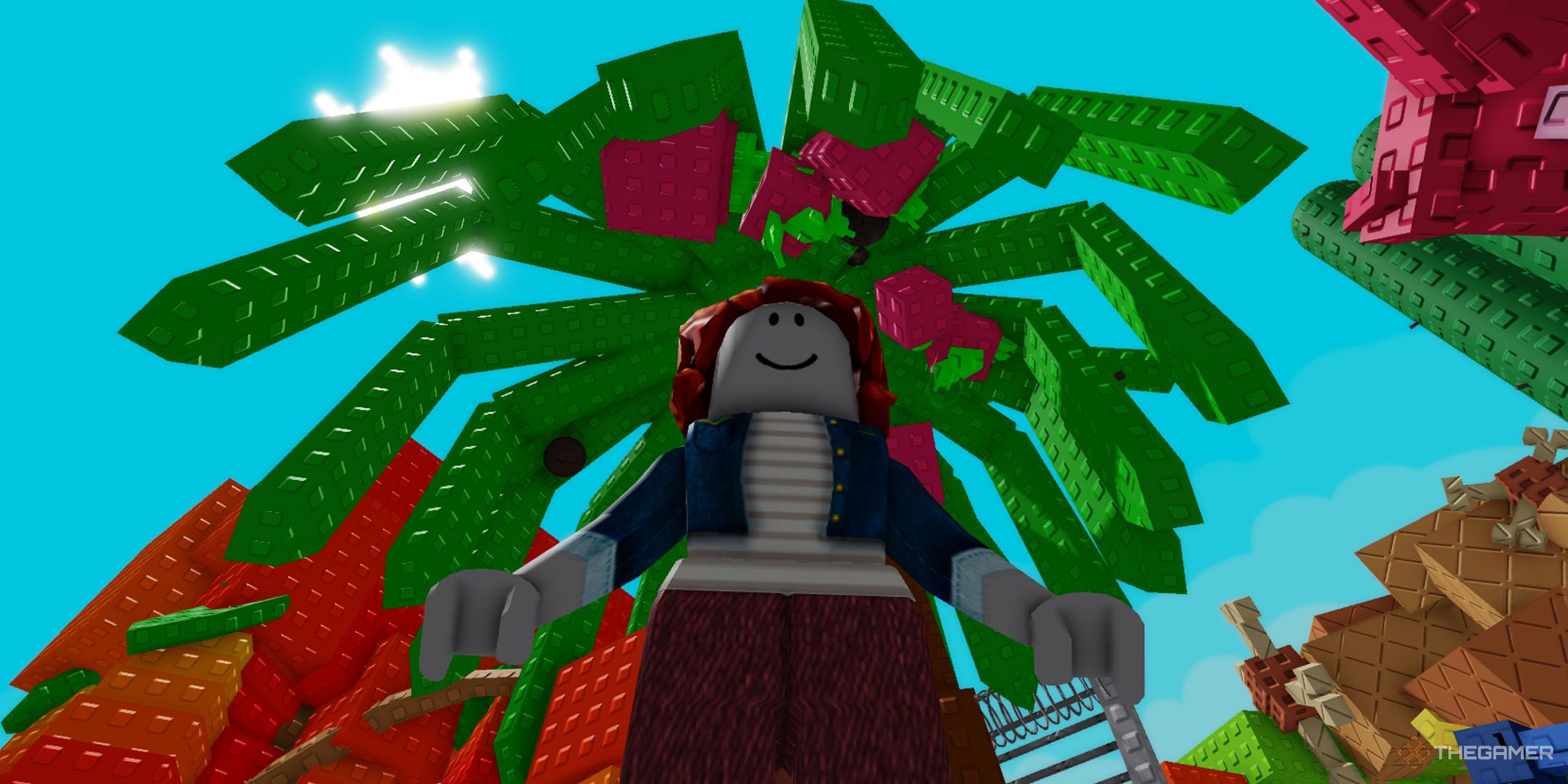 A player standing beneath a tree in Roblox Grow a Garden.