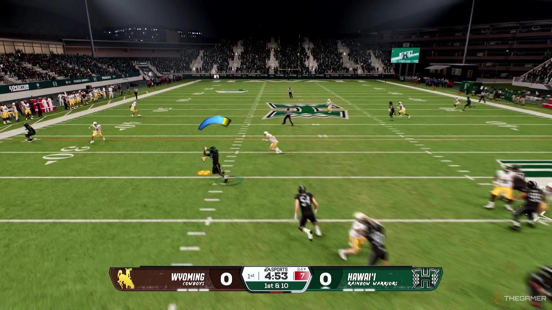 A receiver catches a pass on a drag route toward the left hasmark in College Football 26.