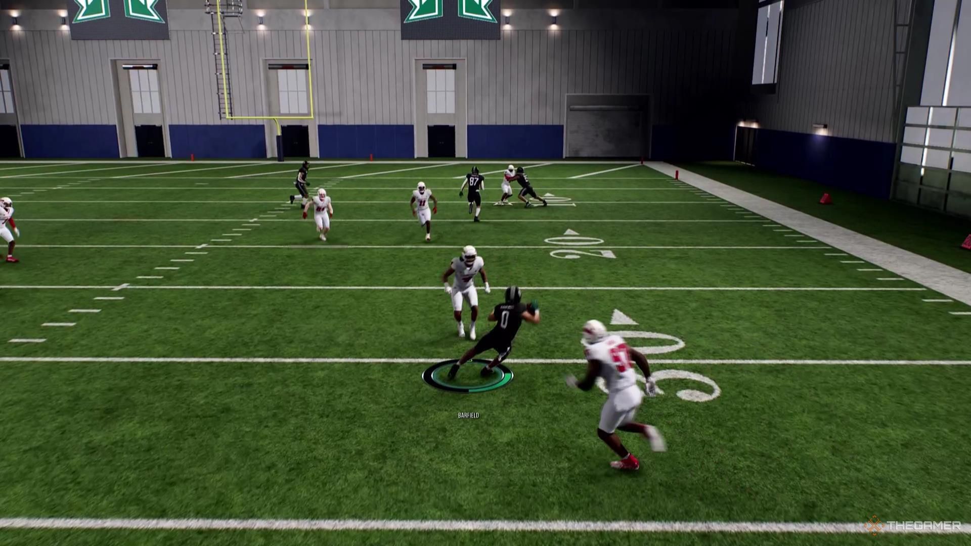 A running back jukes a defender in College Football 26.