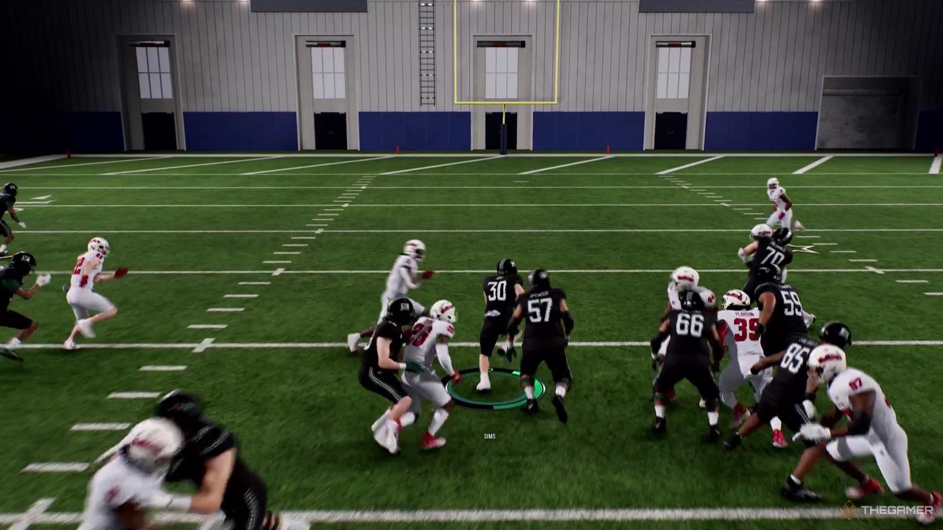 A running back runs through a lane in the middle of the field in College Football 26.