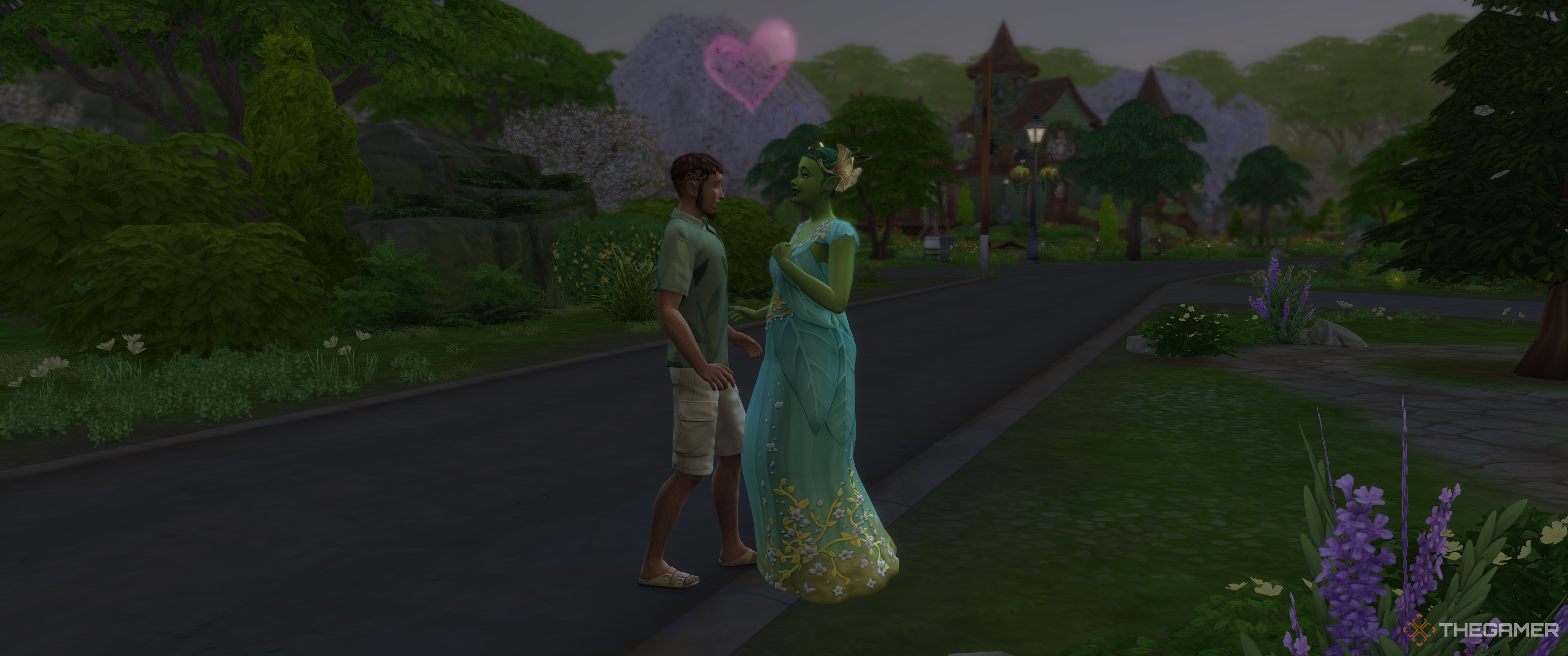 A sim and mother nature with a heart emoji above them in the sims 4 enchanted by nature.