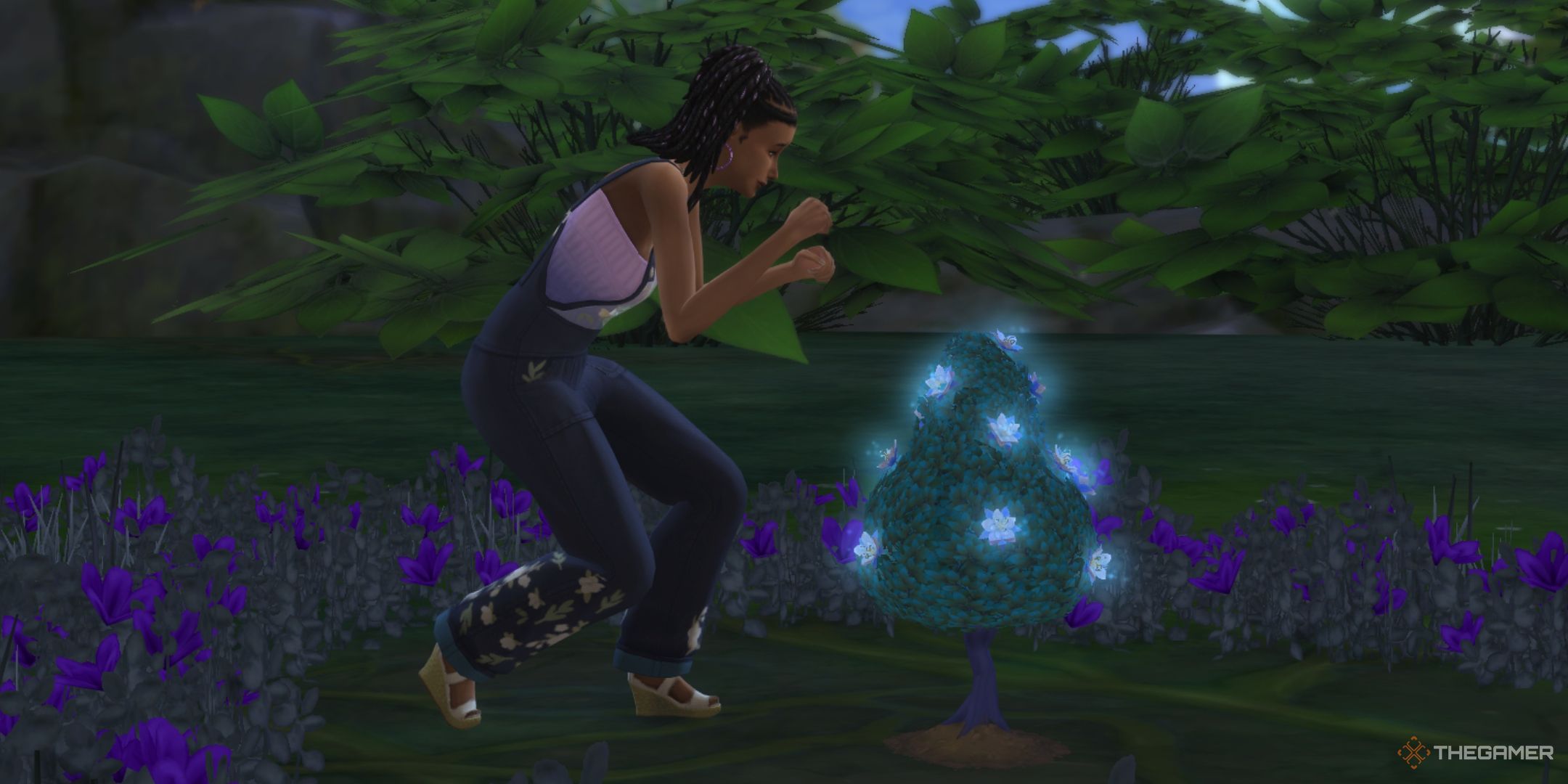 A sim collecting aura petals in Everdew in The Sims 4 enchanted by nature.