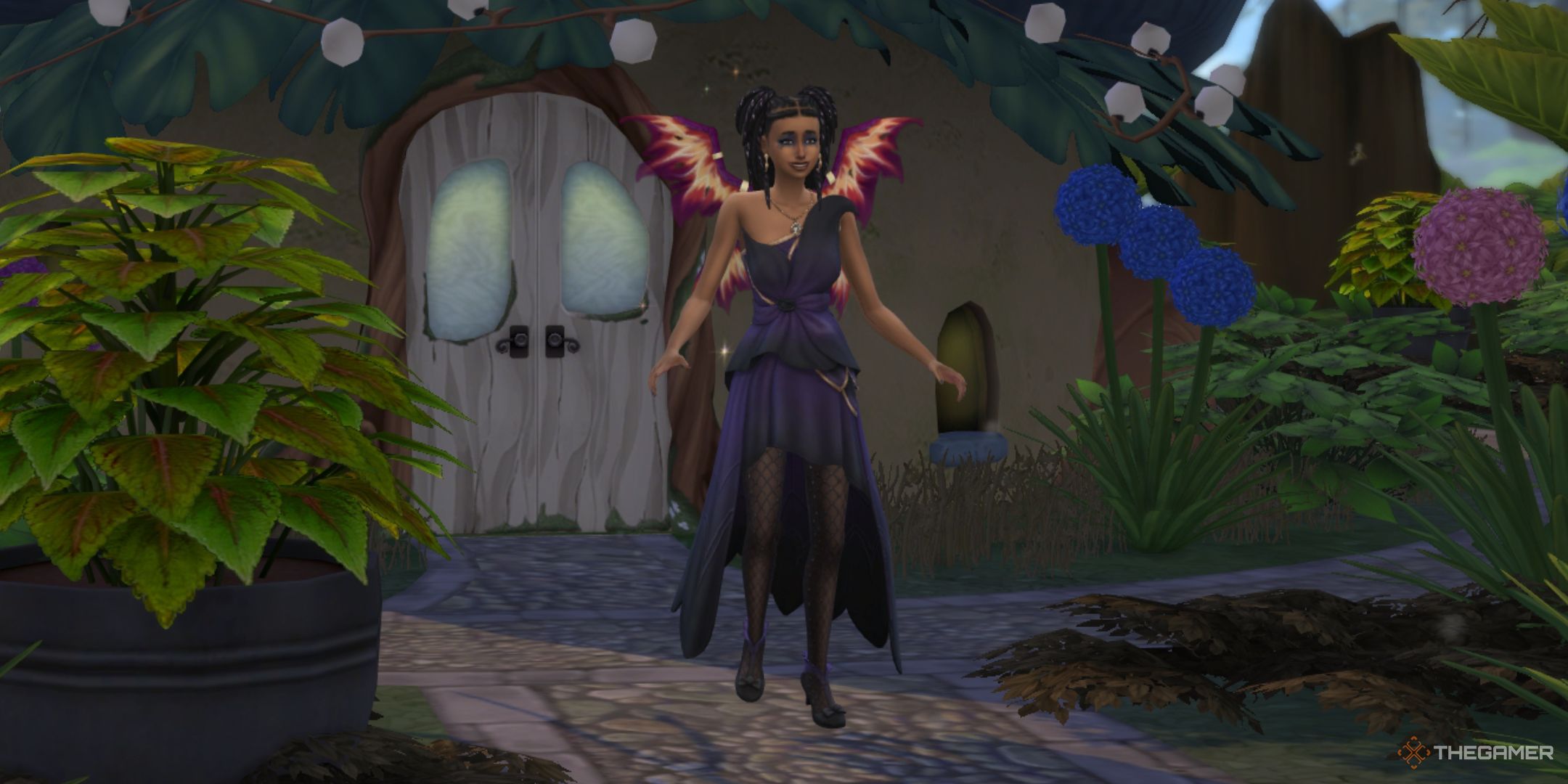 A sim flying outside the fairy hub in Everdew in The Sims 4 enchanted by nature.