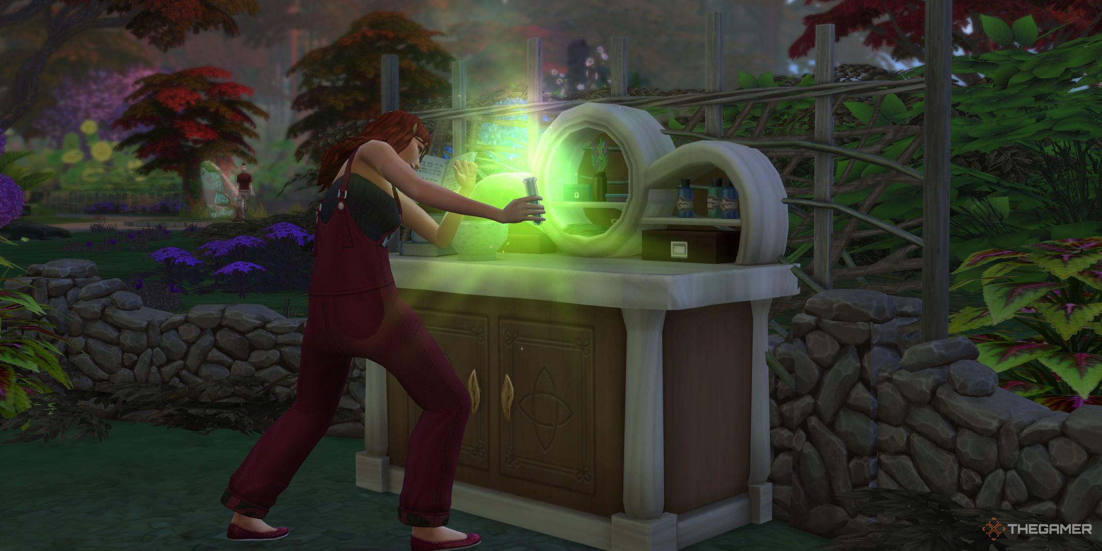 A sim making a potion with the apothecary table in Everdew in The Sims 4 enchanted by nature.