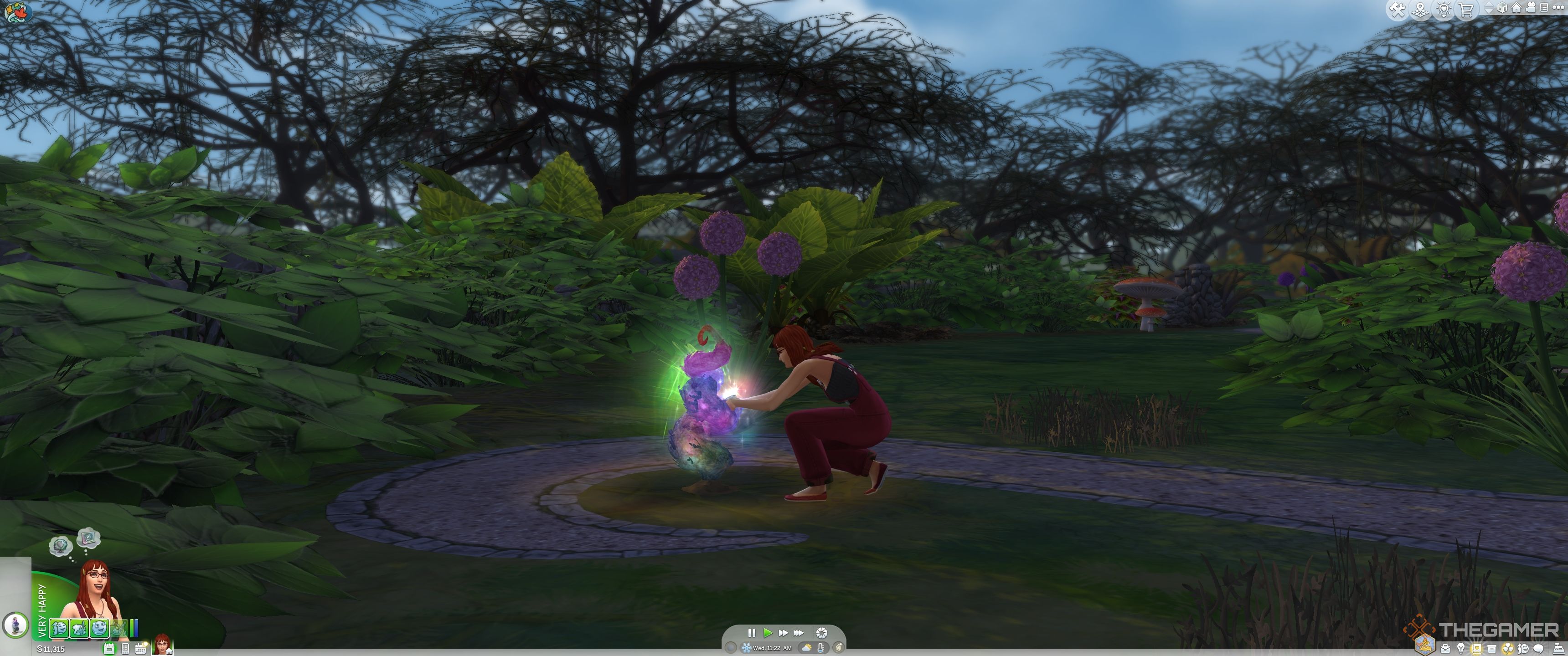 A sim harvesting a moody shrub  in The Sims 4 Enchanted By Nature.