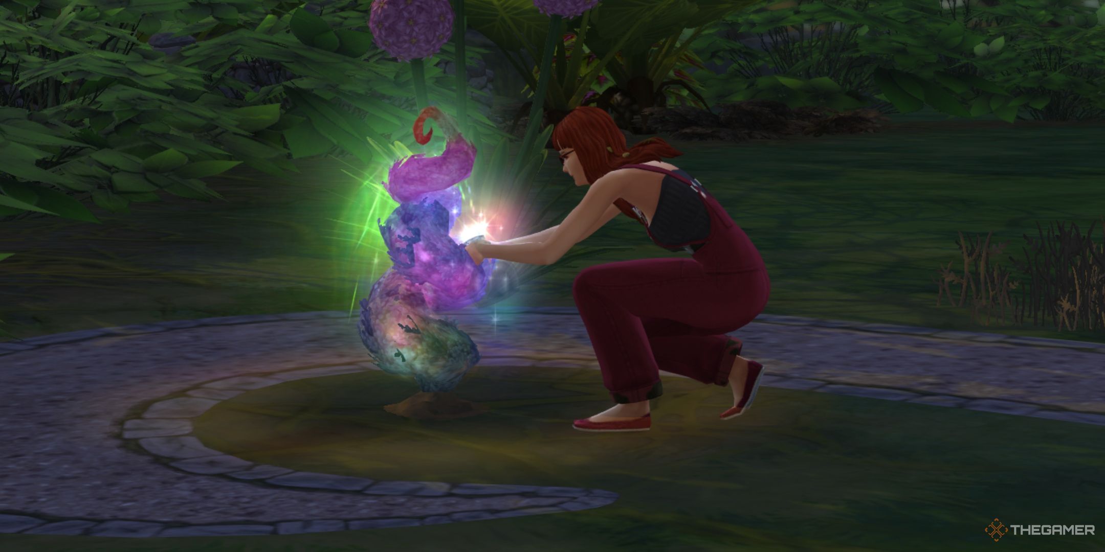 A sim harvesting from a moody shrub in The Sims 4 Enchanted By Nature.
