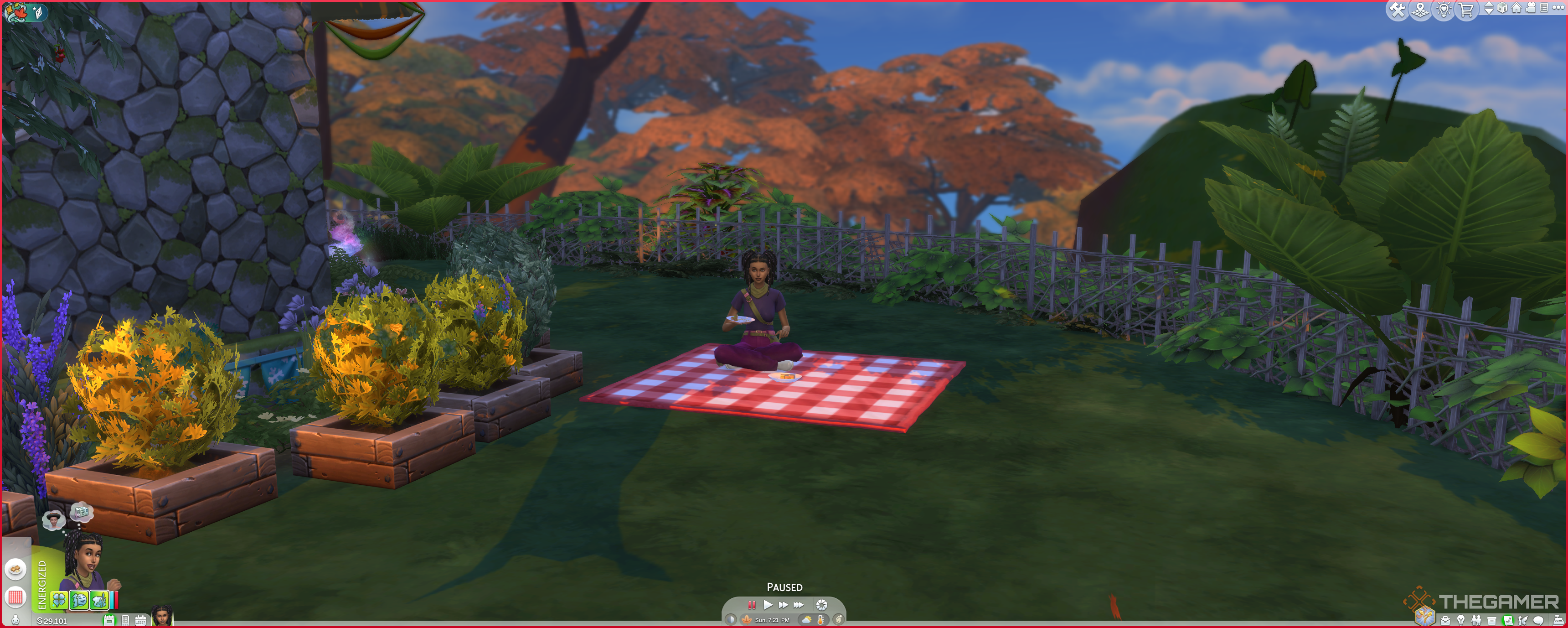 A Sim sitting on the romantic picnic blanket