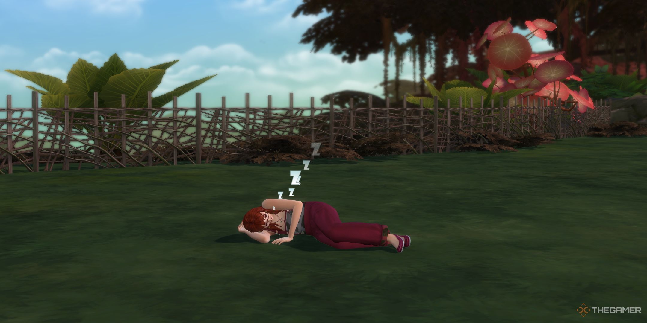 A sim sleeping on the floor in The Sims 4 Enchanted By Nature.-1